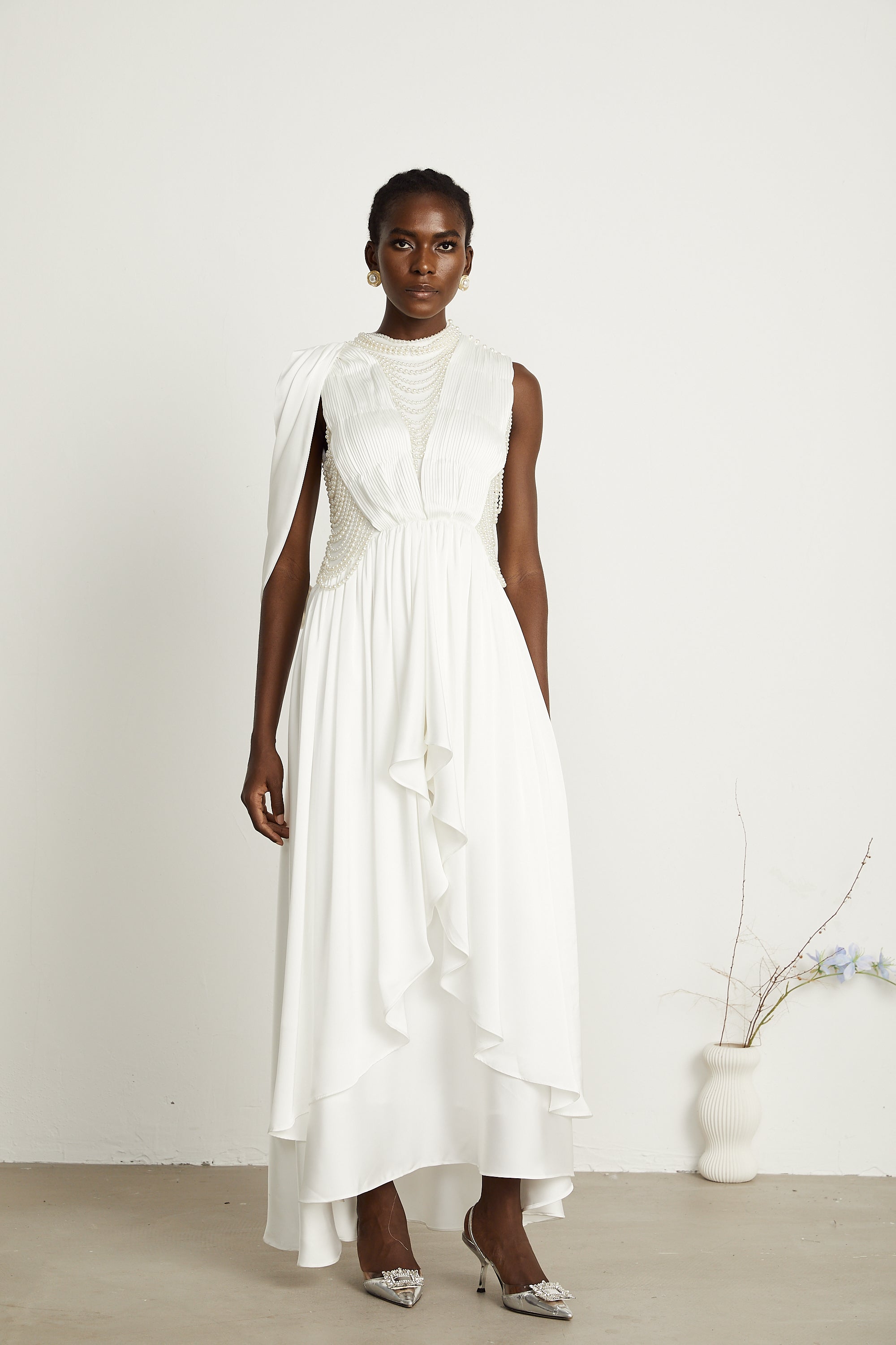 Pascale white faux-pearl pleated maxi dress