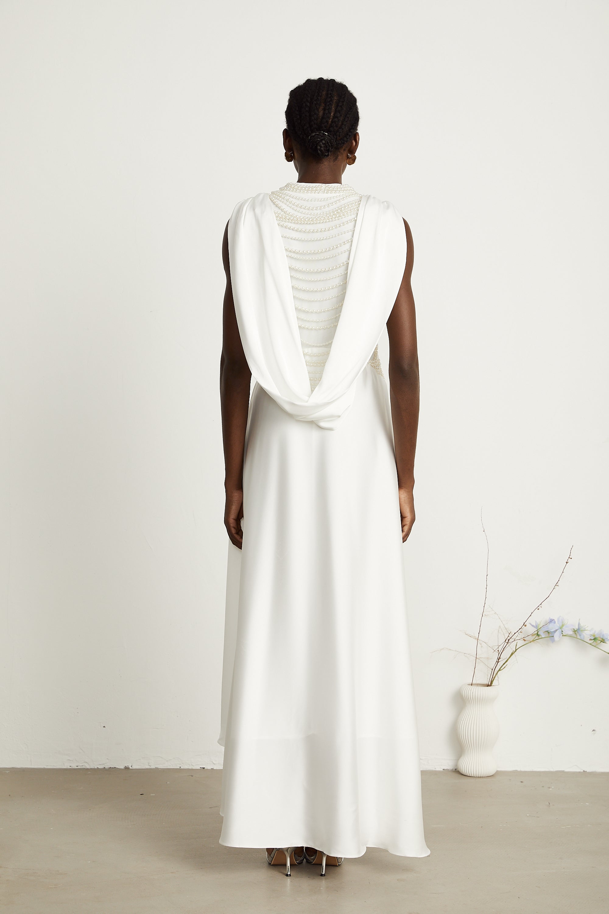 Pascale white faux-pearl pleated maxi dress