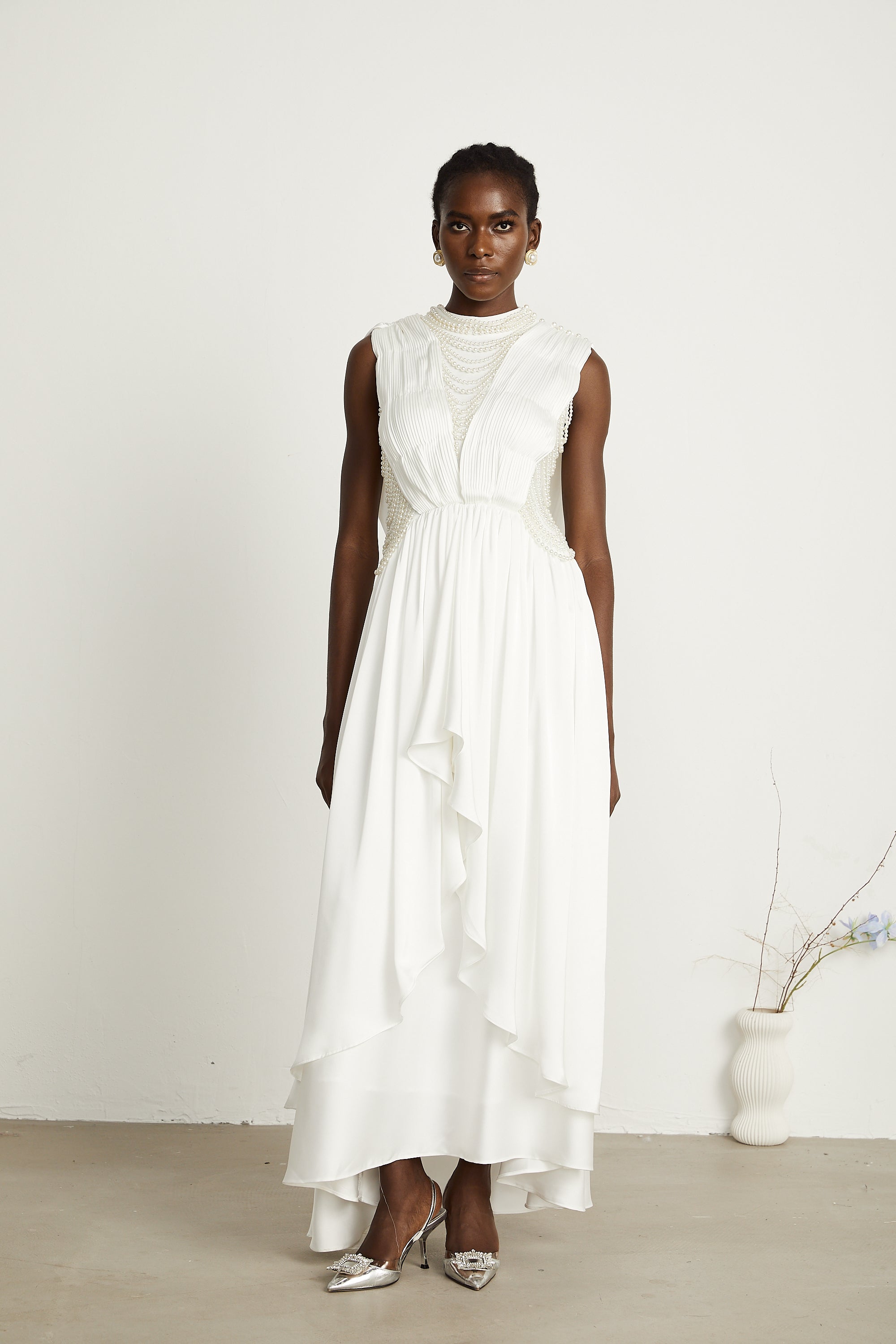 Pascale white faux-pearl pleated maxi dress