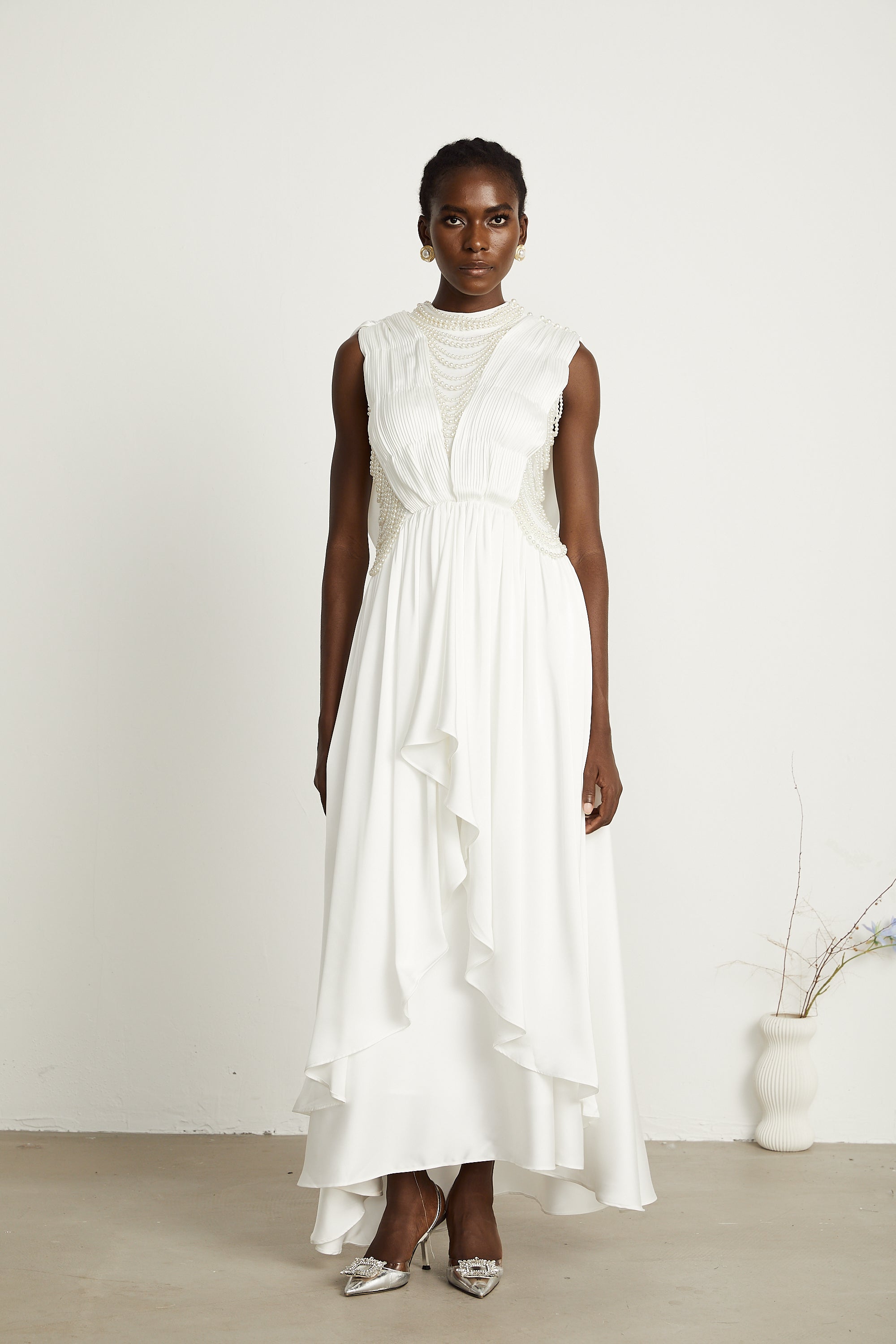 Pascale white faux-pearl pleated maxi dress