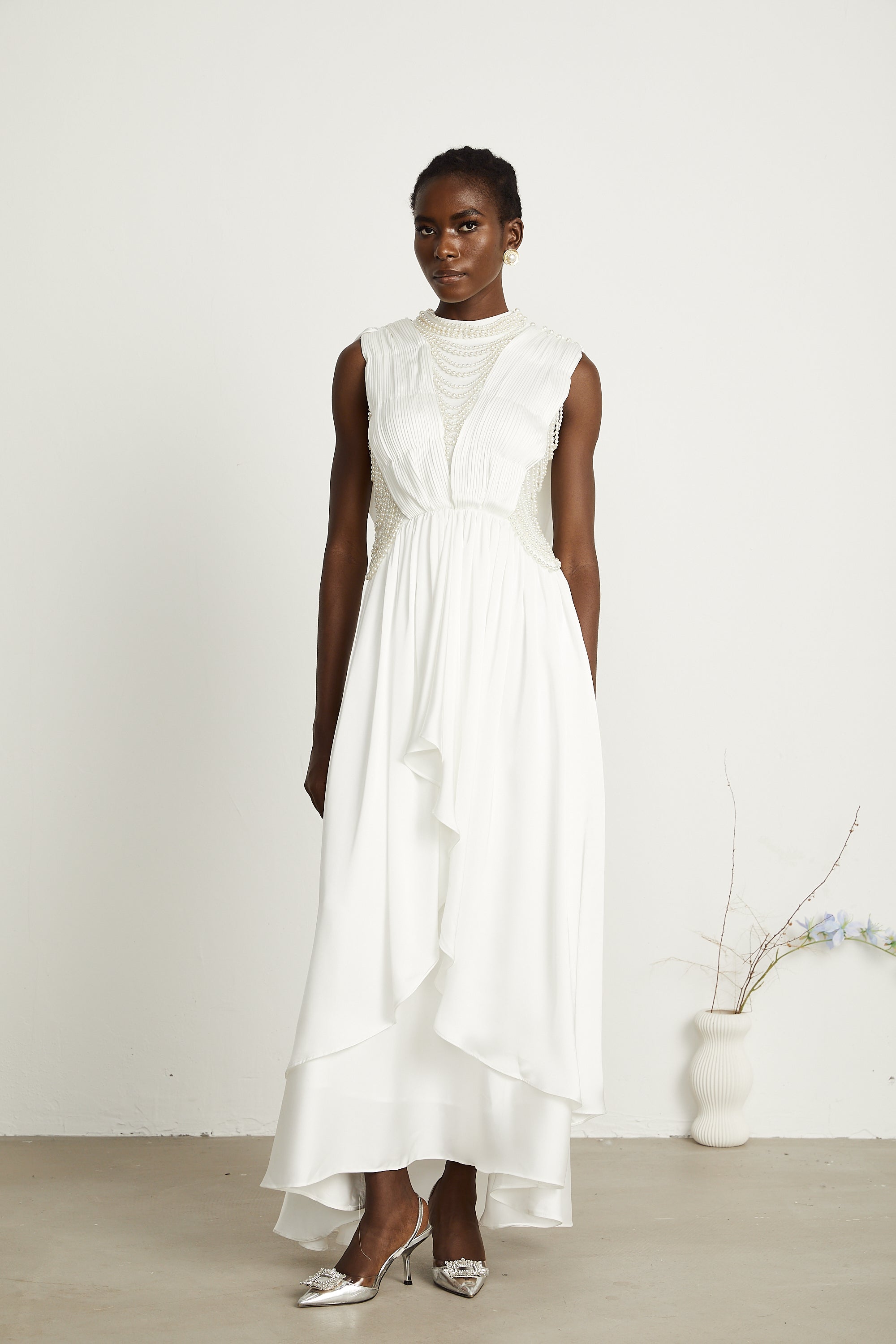 Pascale white faux-pearl pleated maxi dress