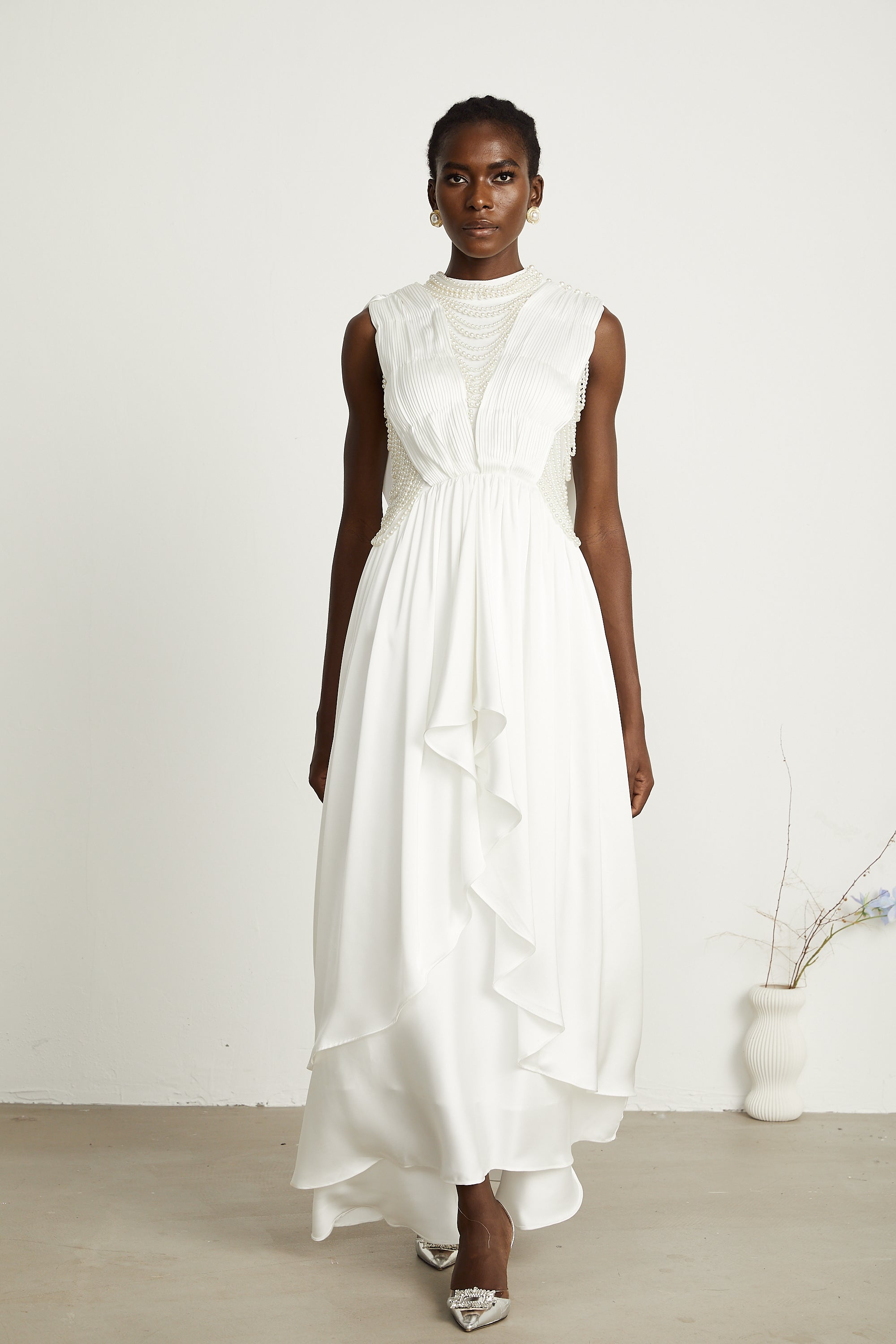 Pascale white faux-pearl pleated maxi dress