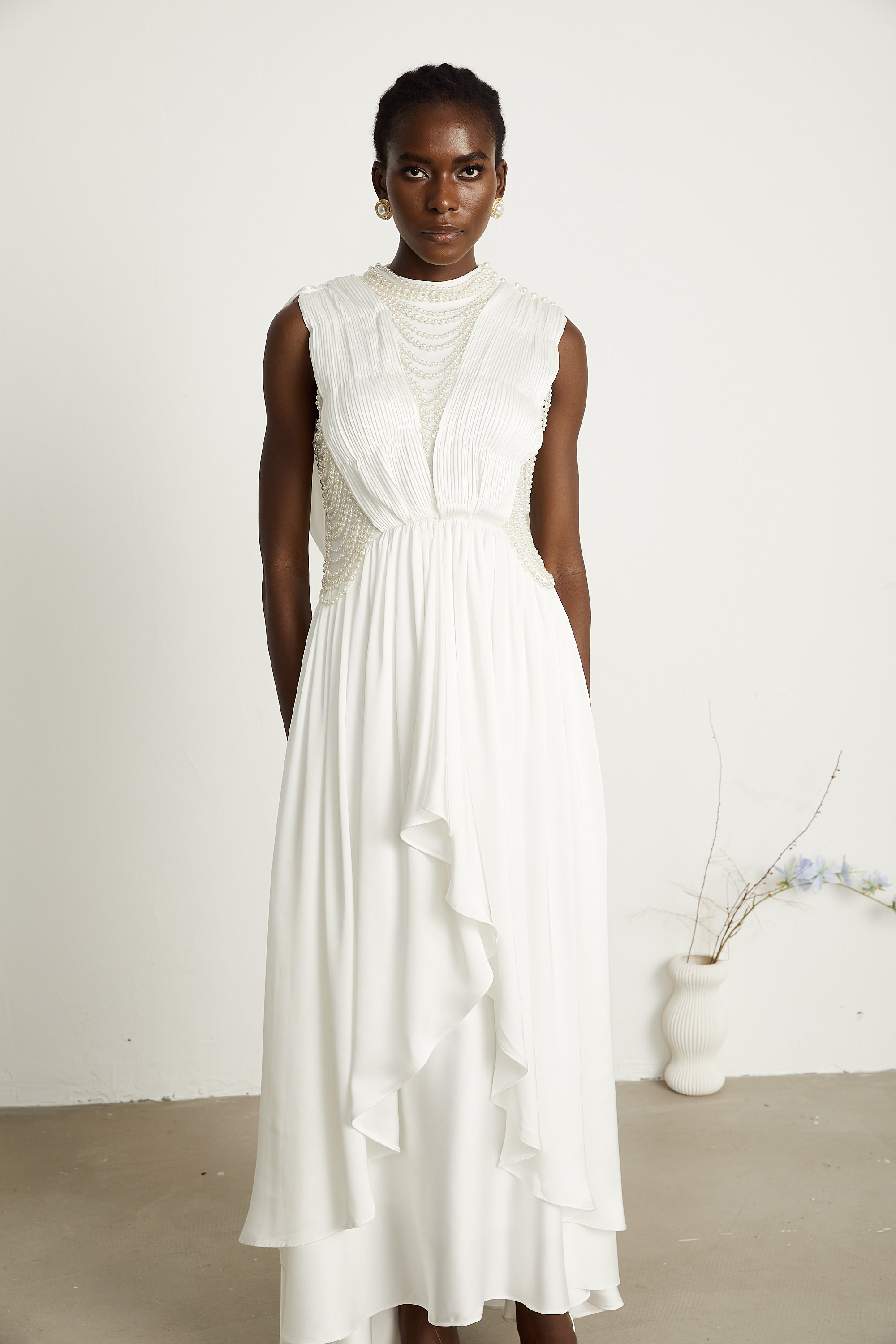 Pascale white faux-pearl pleated maxi dress