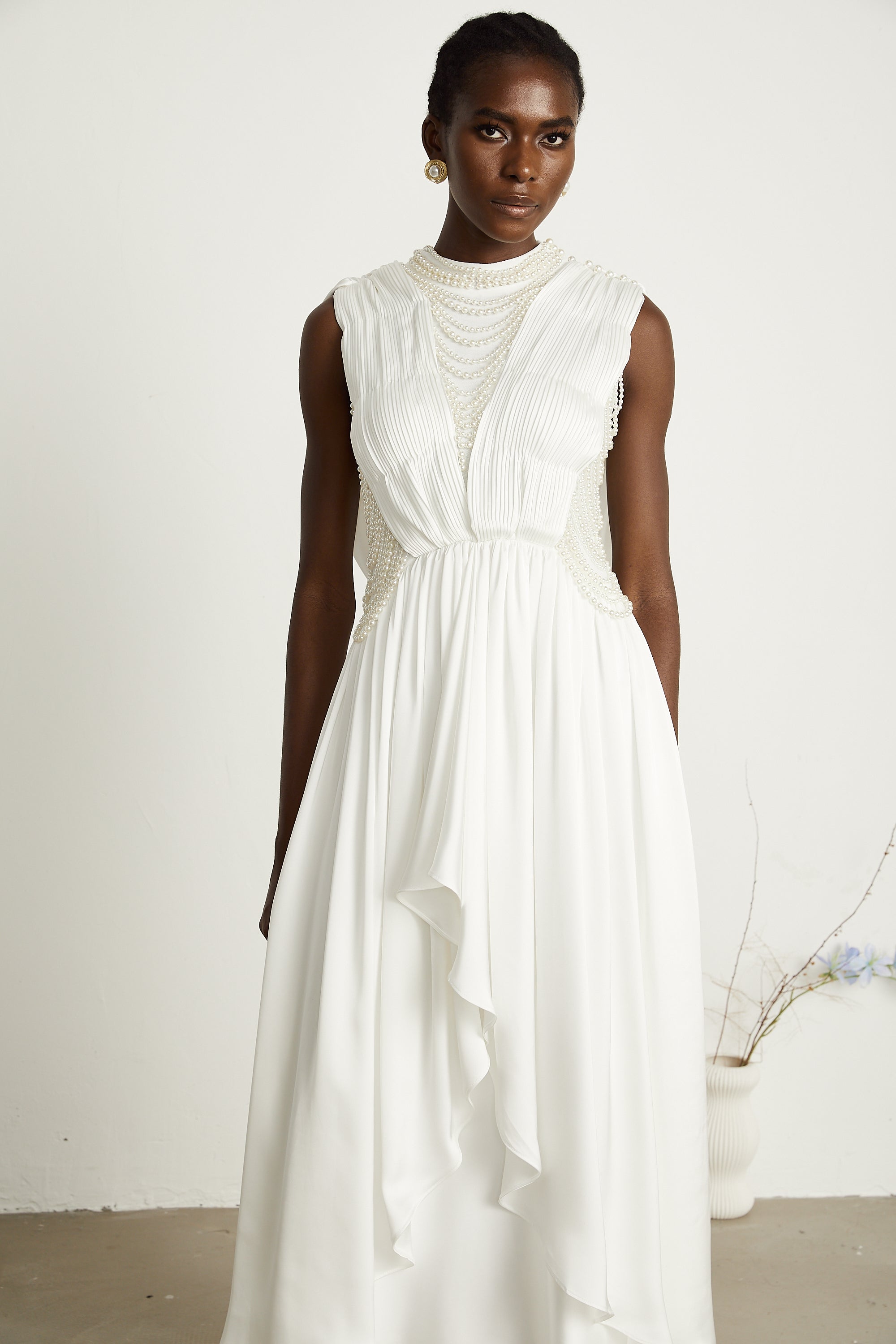 Pascale white faux-pearl pleated maxi dress