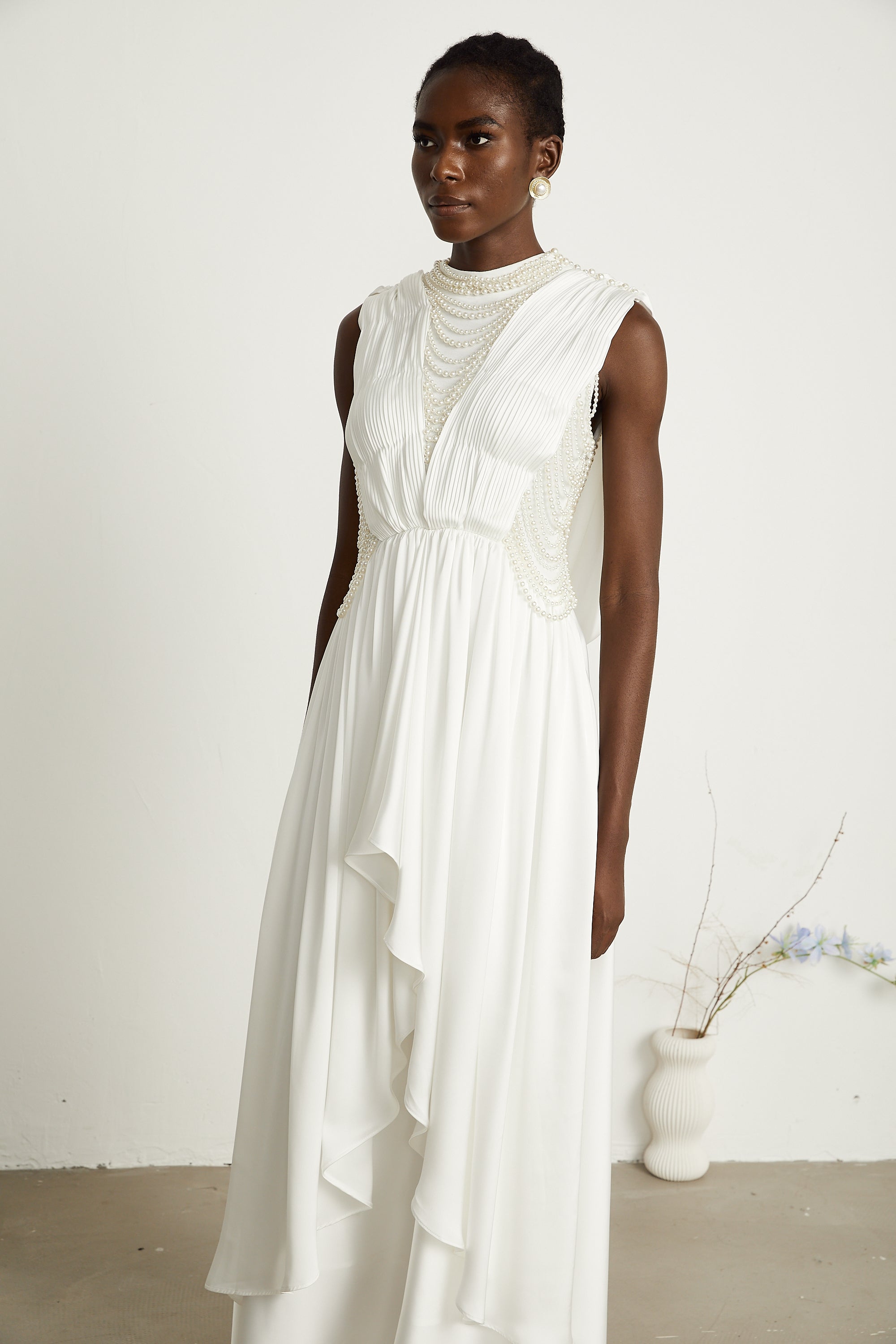 Pascale white faux-pearl pleated maxi dress