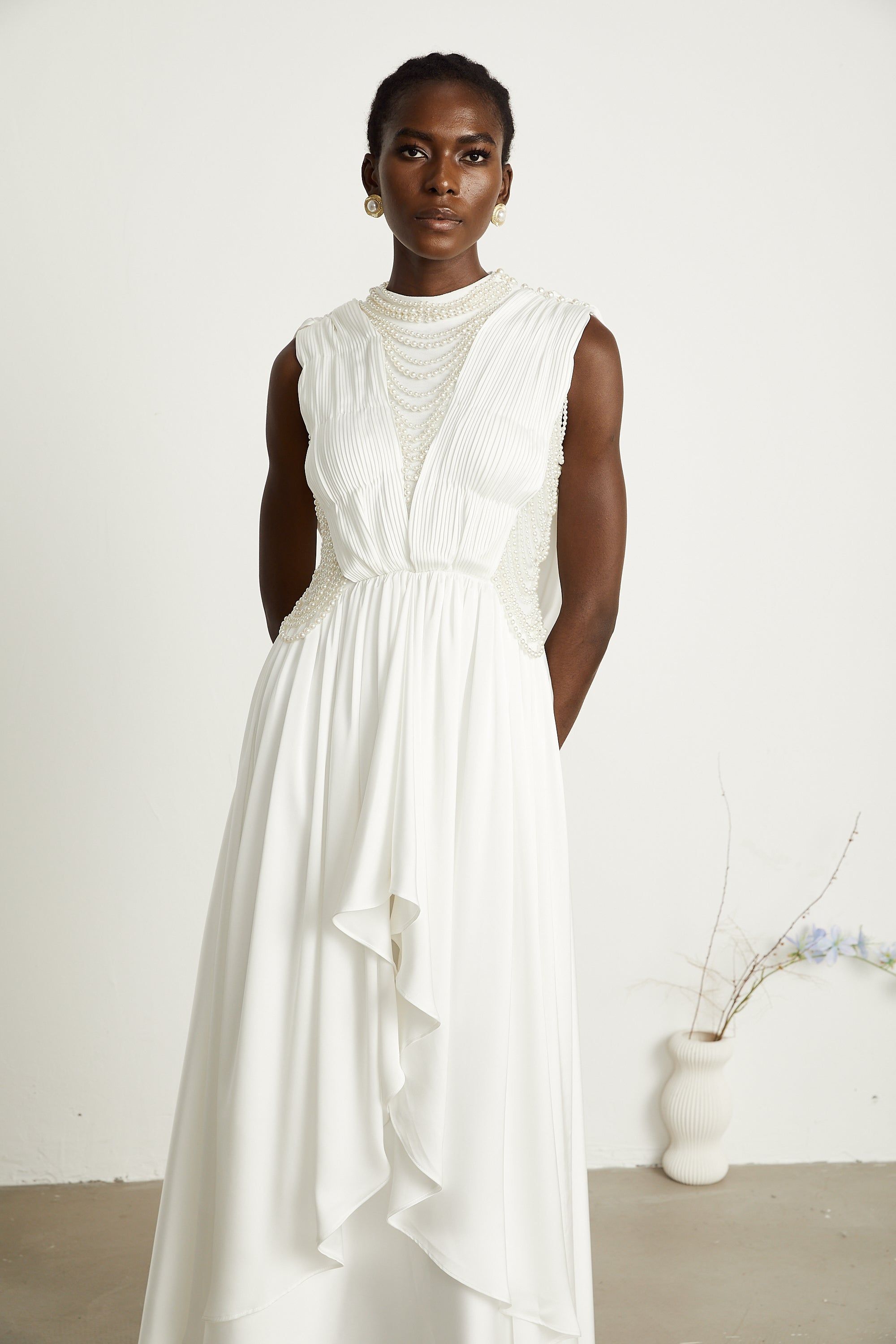 Pascale white faux-pearl pleated maxi dress