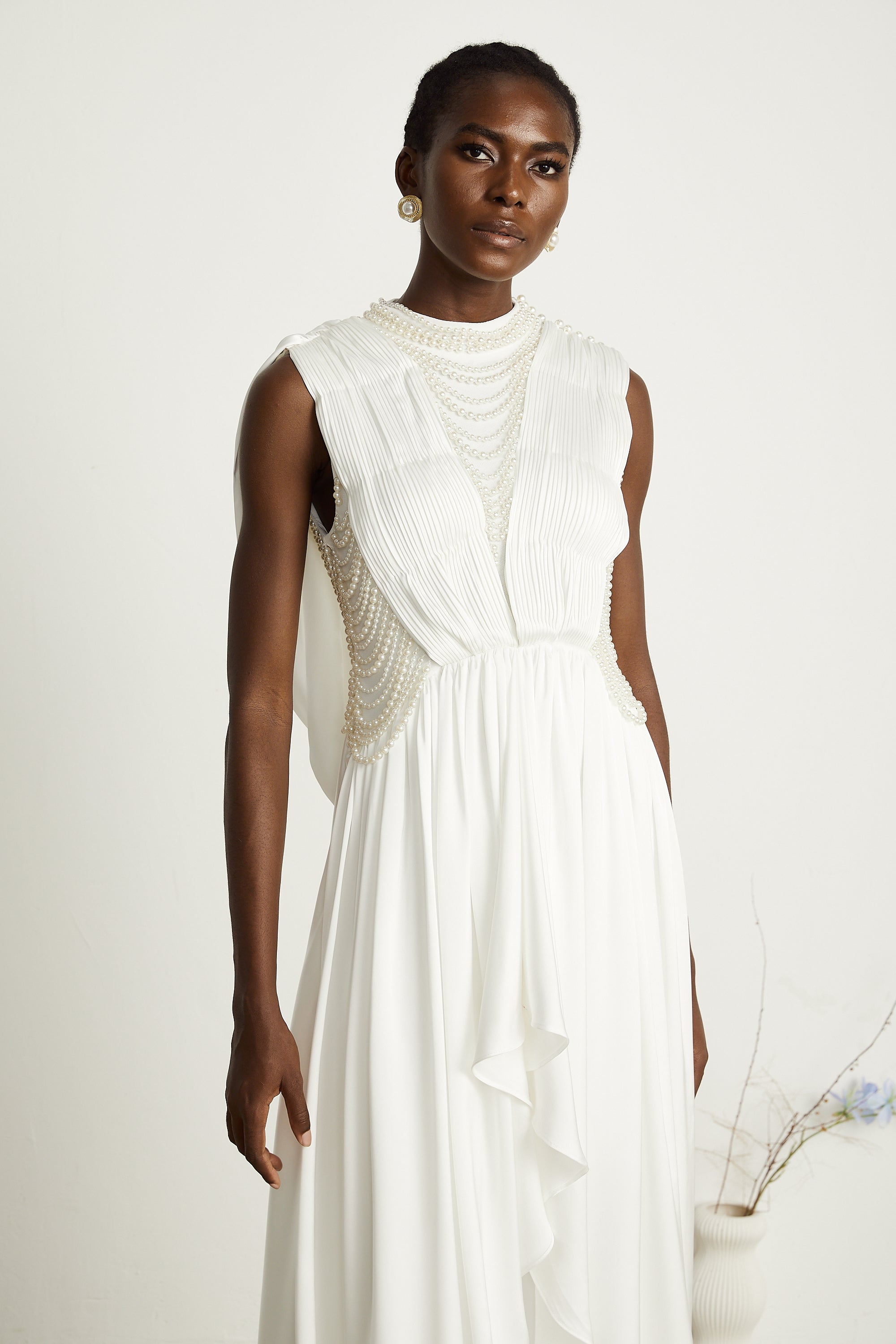 Pascale white faux-pearl pleated maxi dress