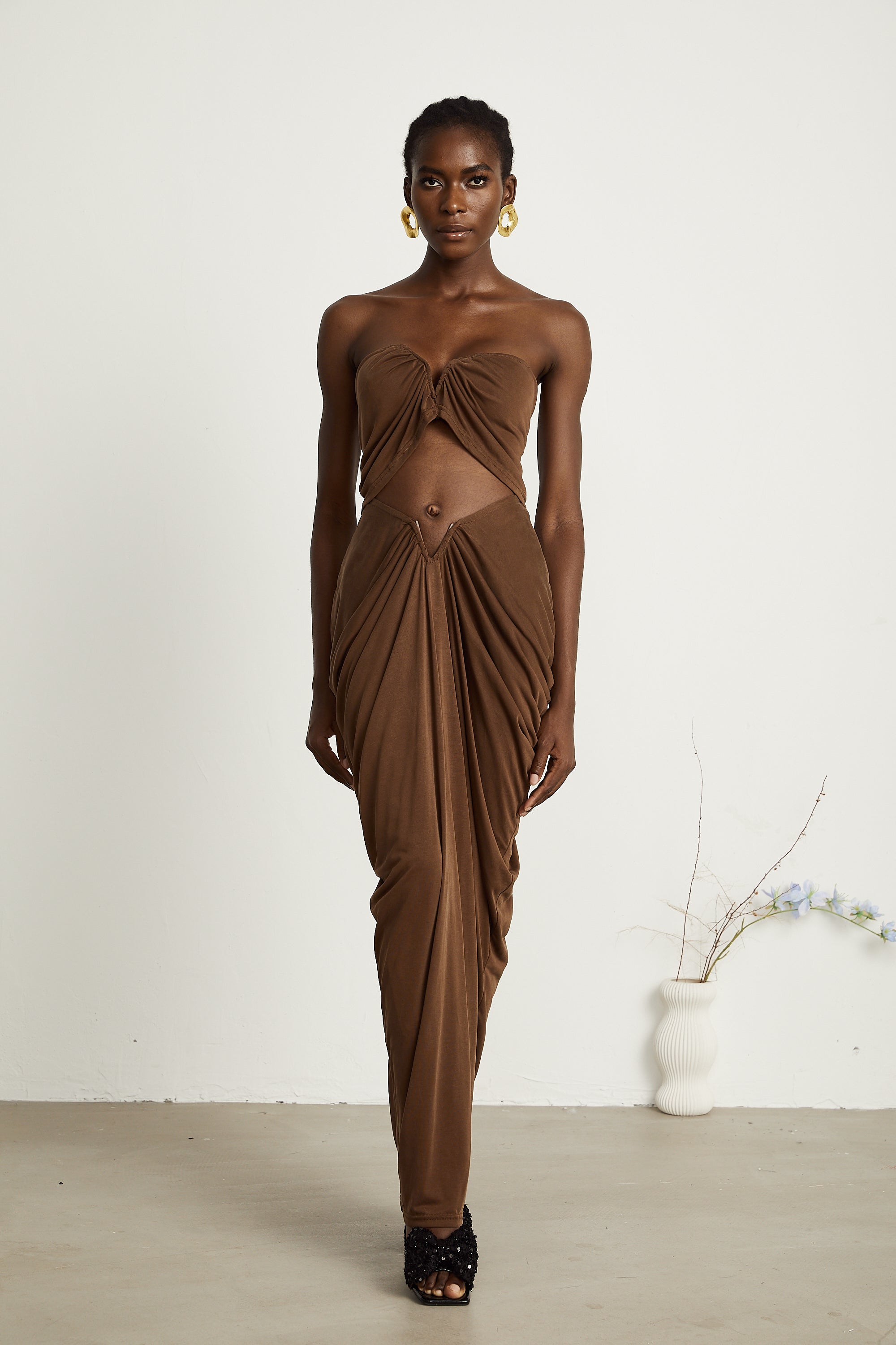 Félicité brown ruched top & skirt matching set