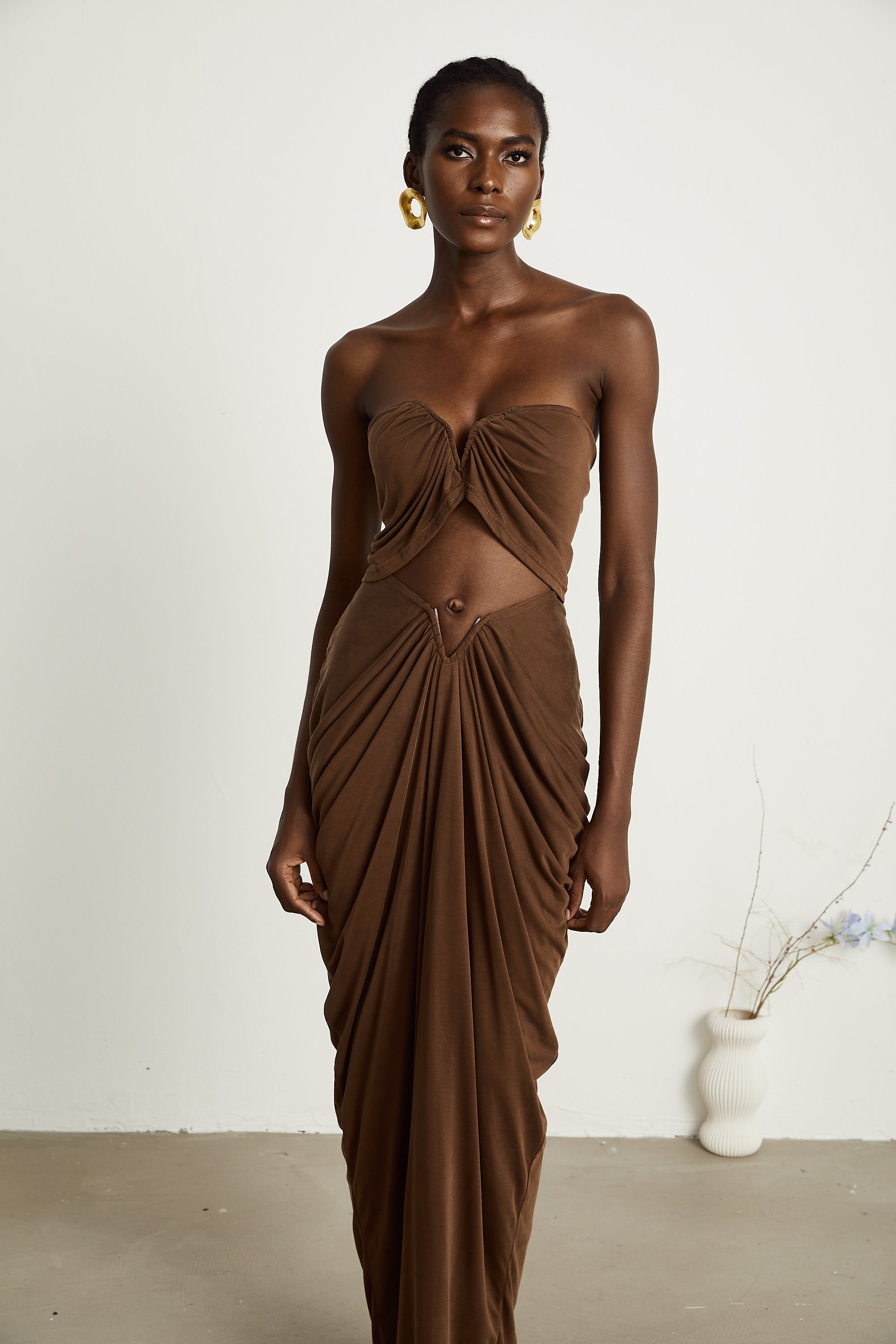 Félicité brown ruched top & skirt matching set