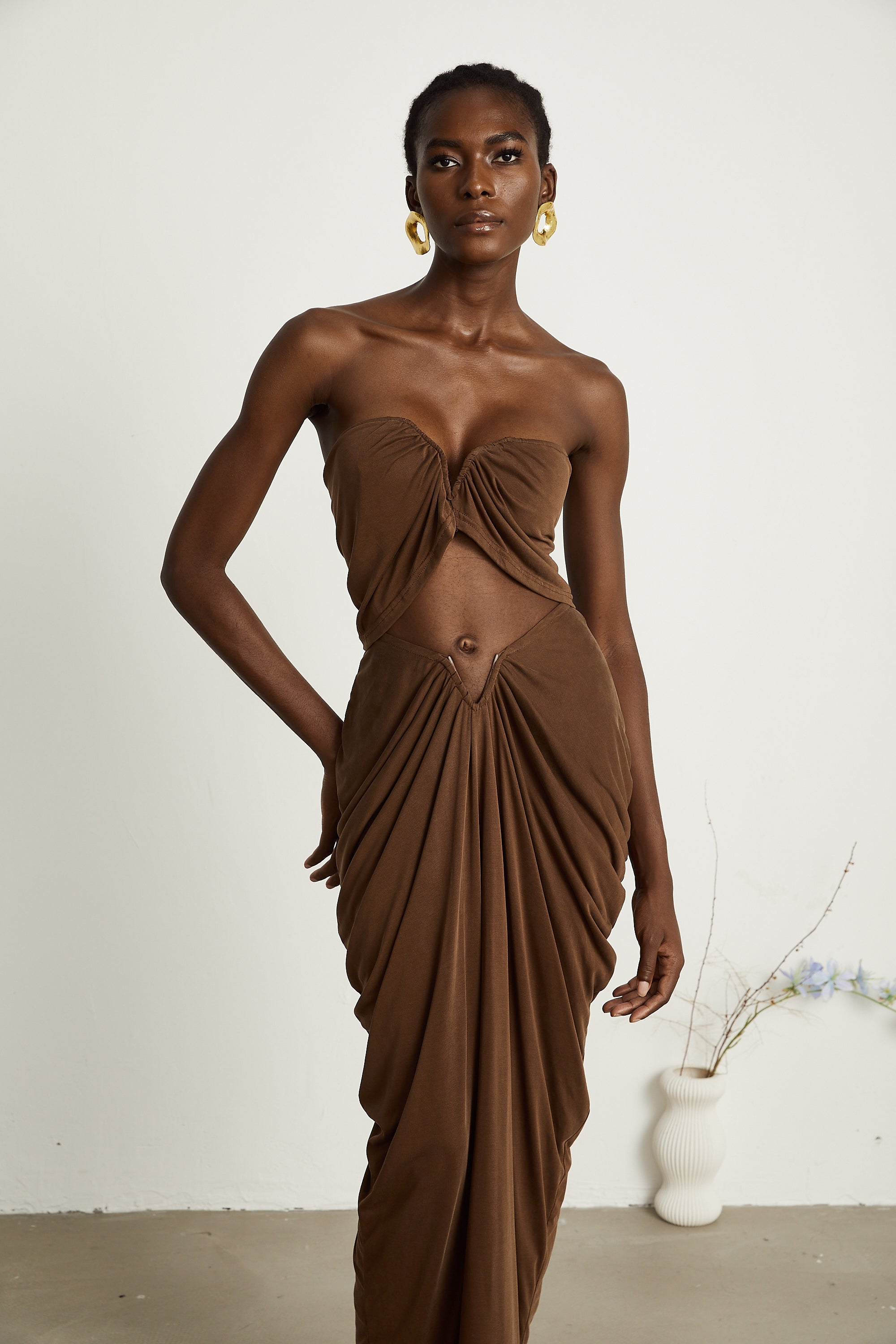 Félicité brown ruched top & skirt matching set