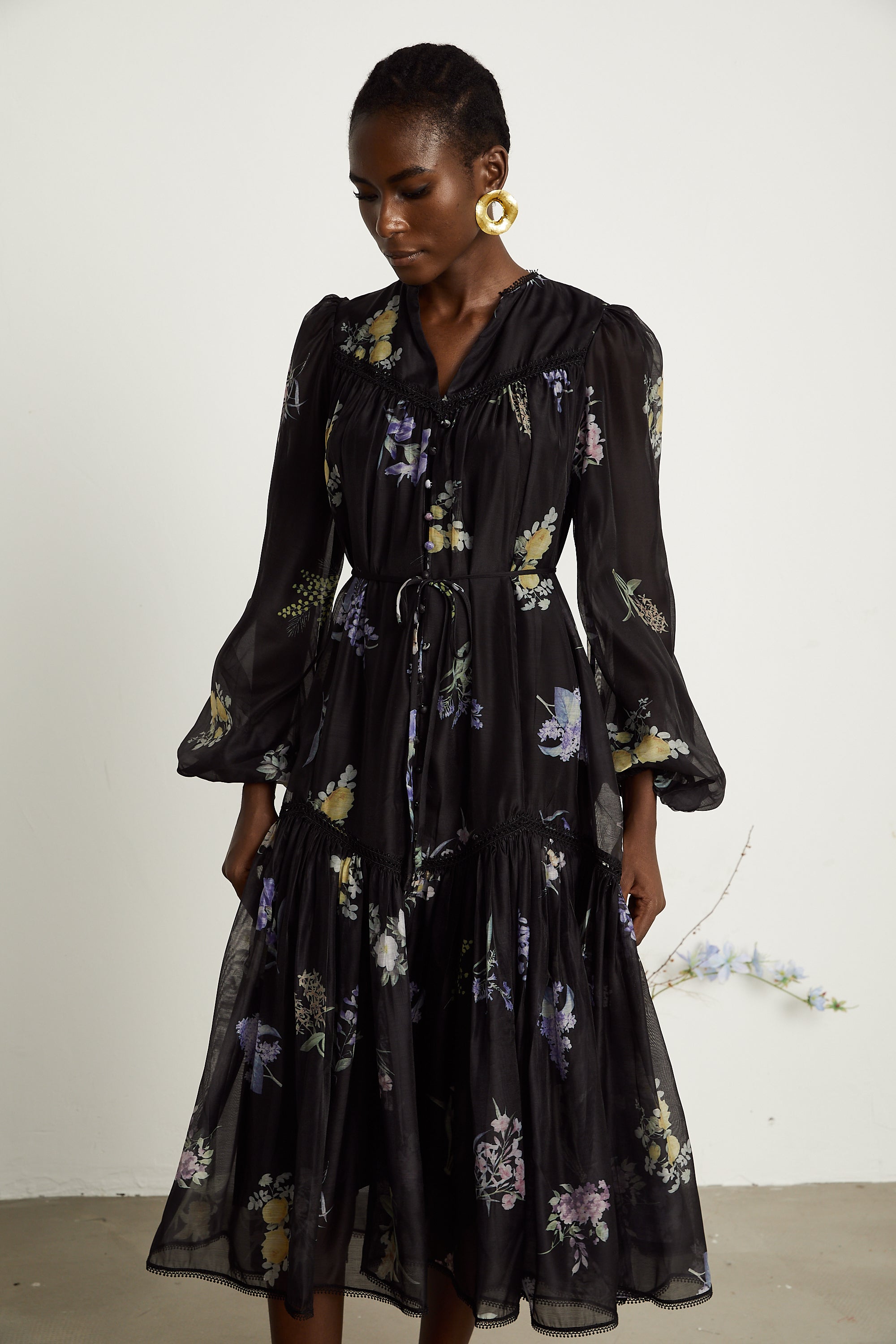 Valérie black floral-print pleated midi dress