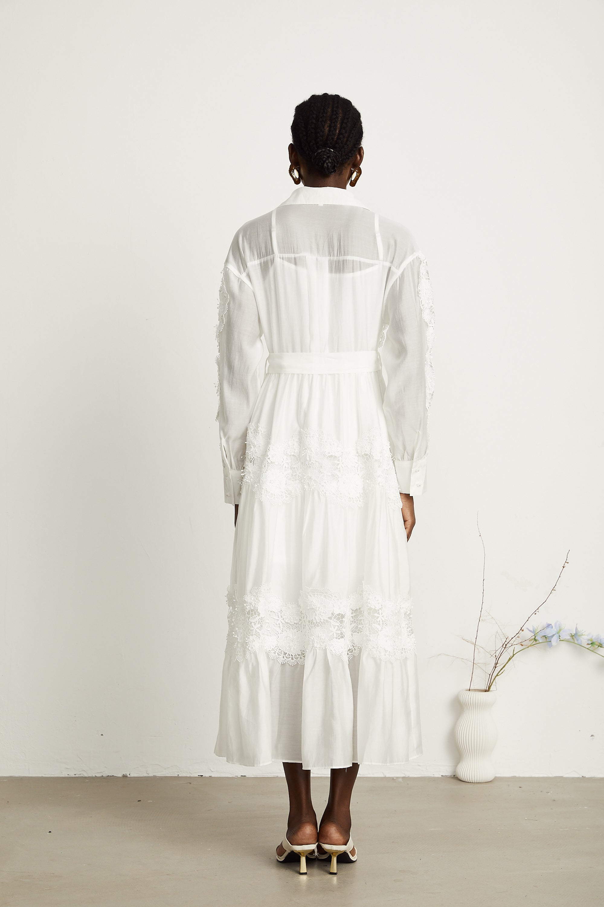 Éléonore white lace-panel belted midi dress