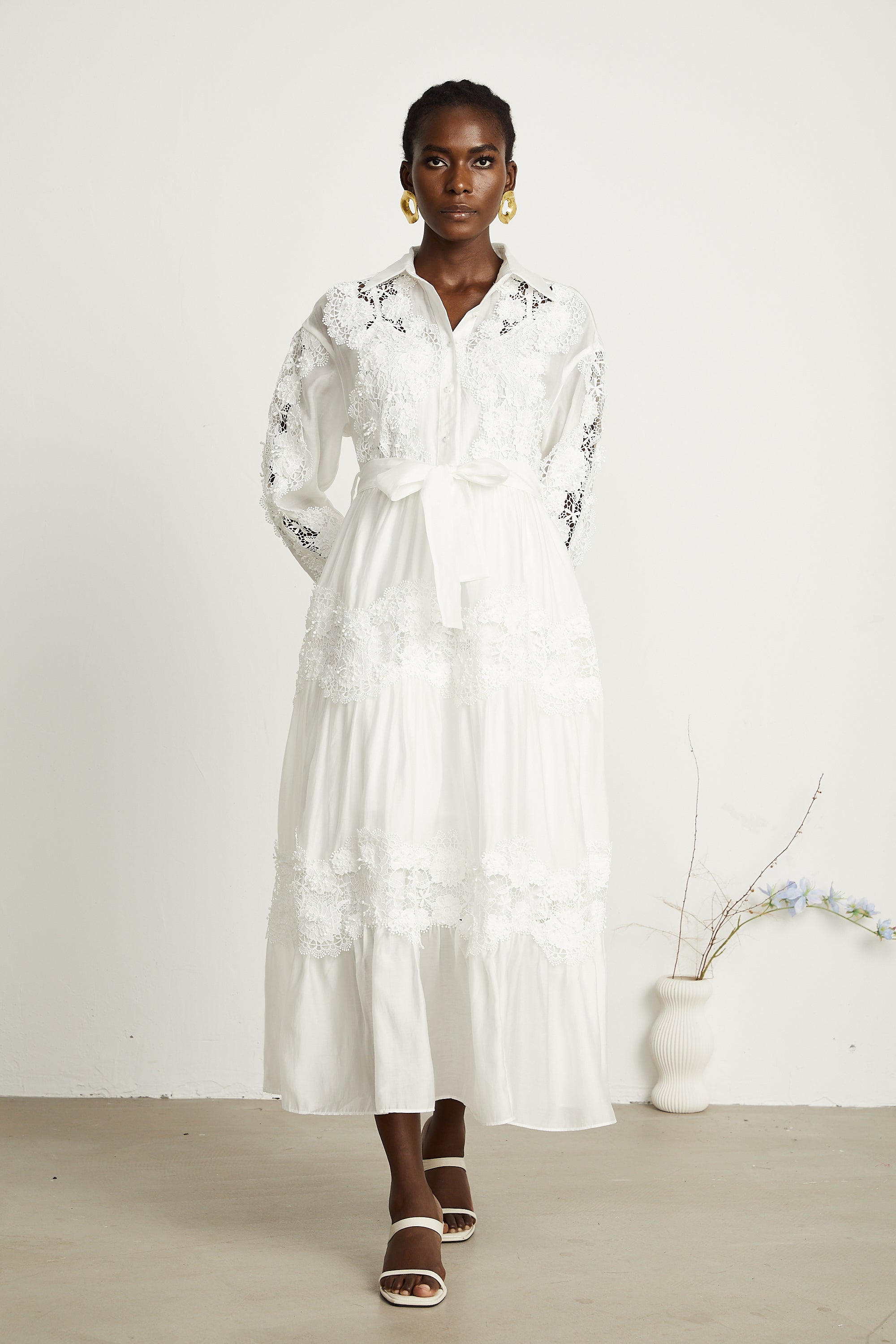 Éléonore white lace-panel belted midi dress