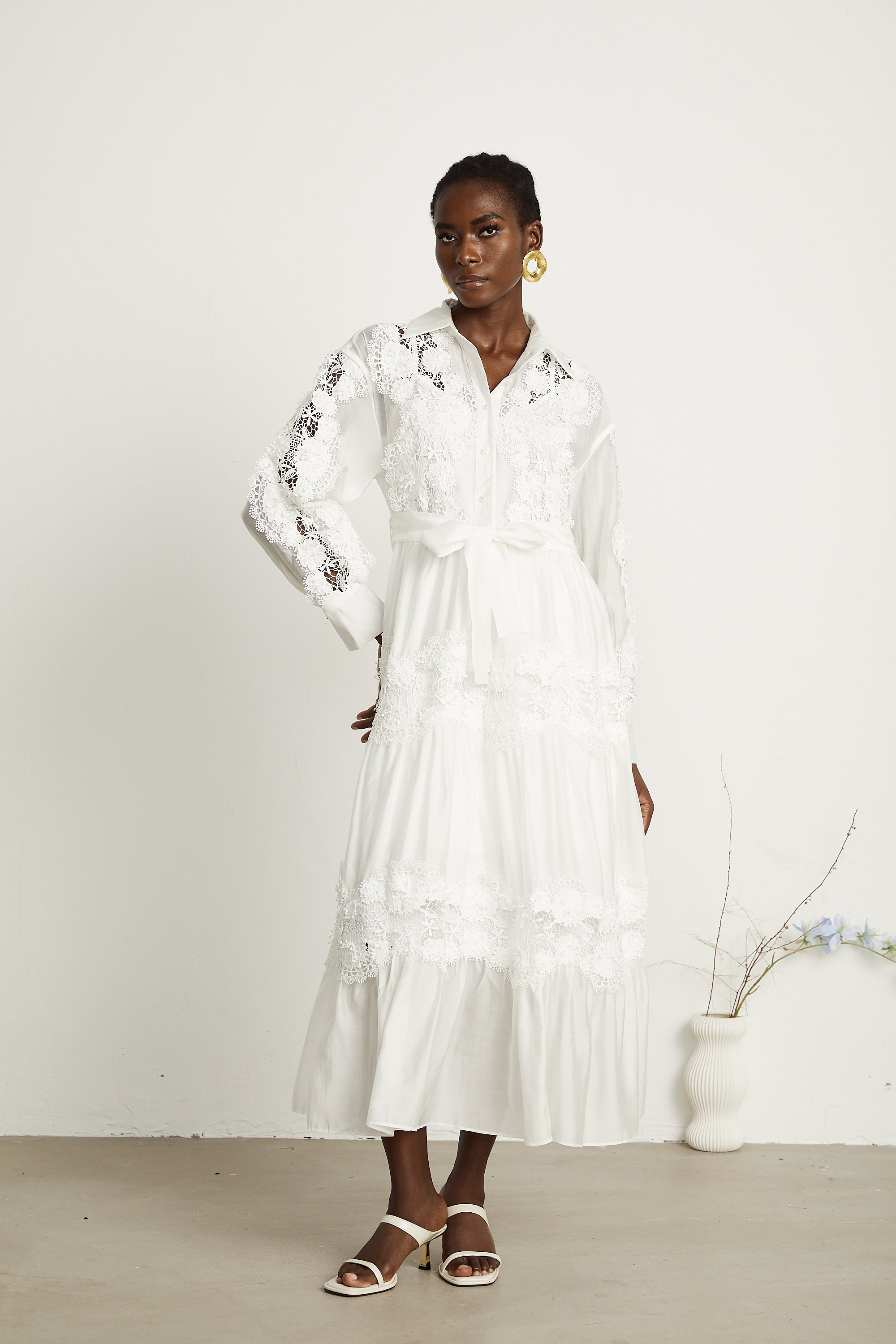 Éléonore white lace-panel belted midi dress