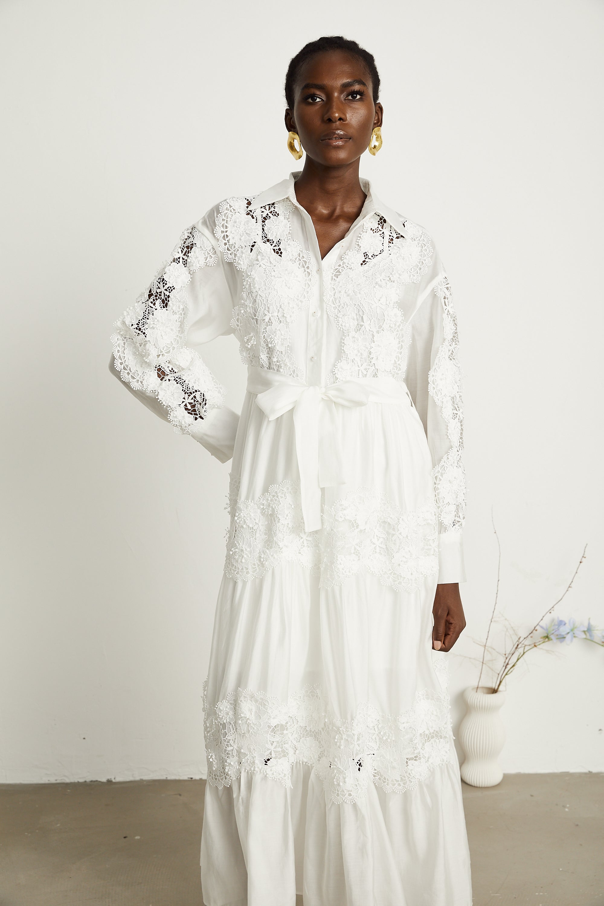 Éléonore white lace-panel belted midi dress