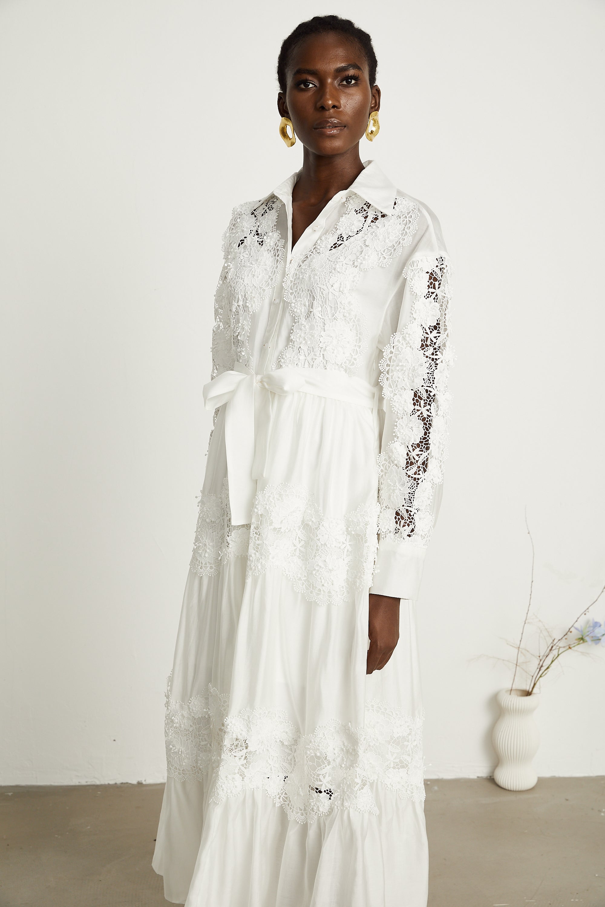 Éléonore white lace-panel belted midi dress