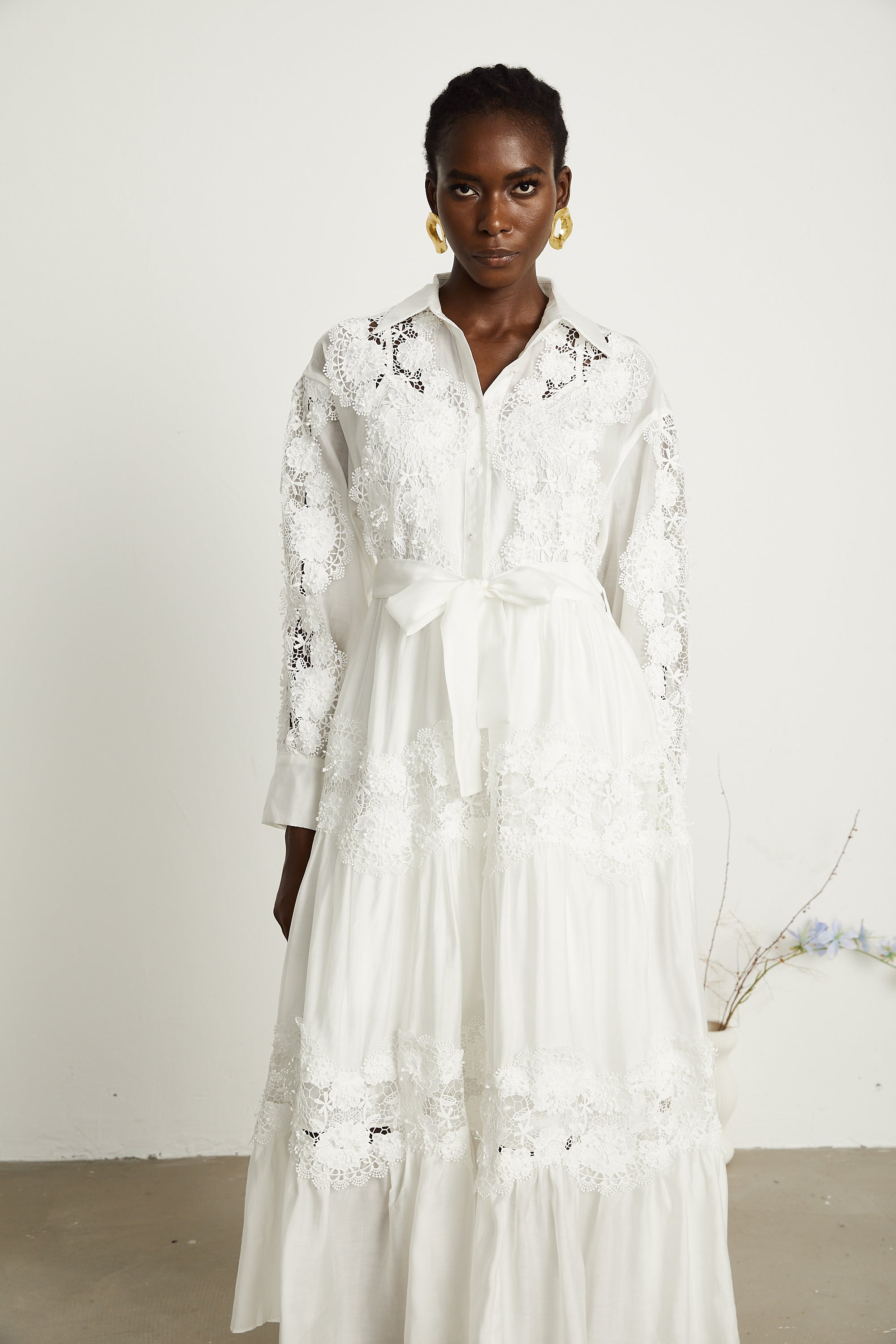 Éléonore white lace-panel belted midi dress