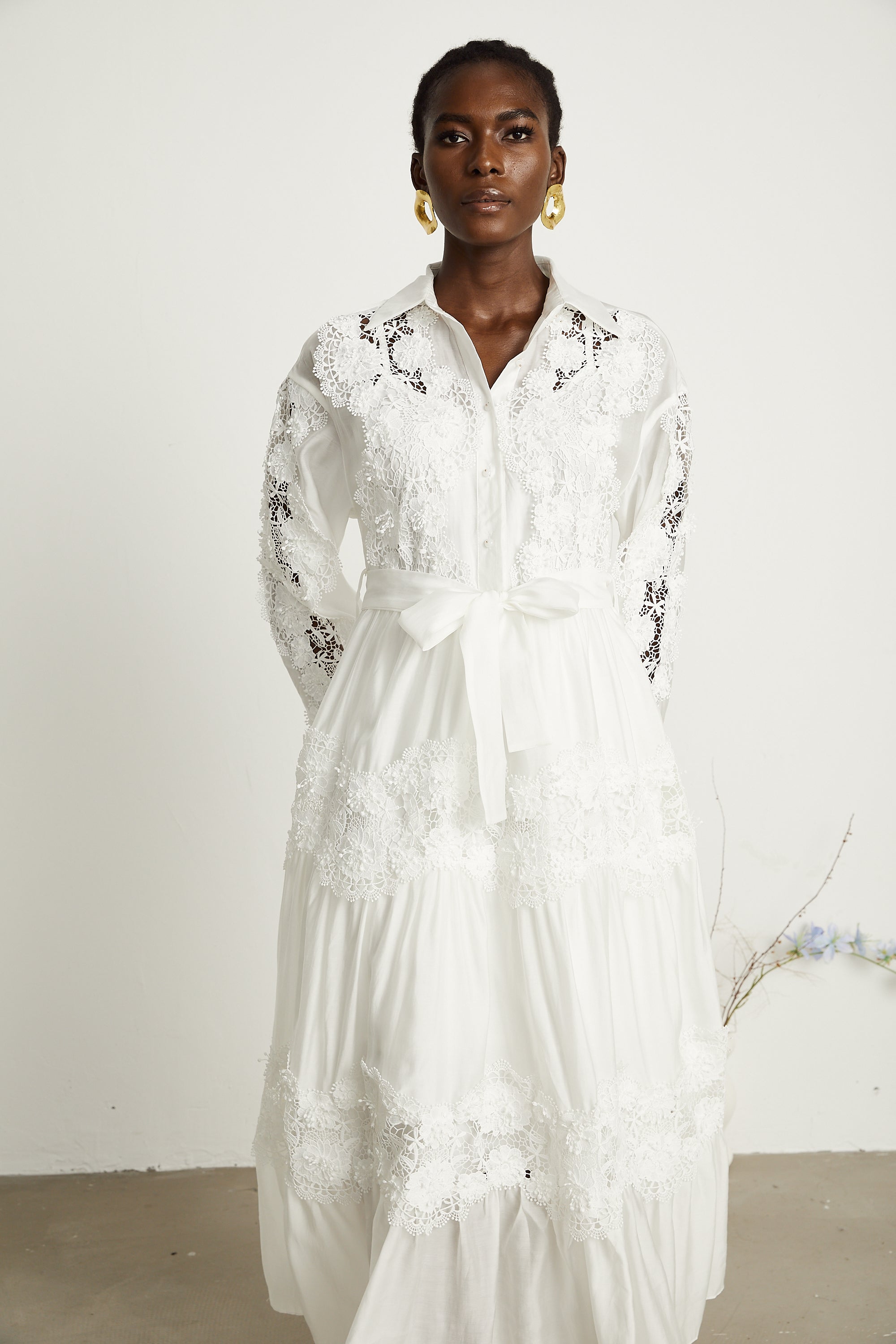 Éléonore white lace-panel belted midi dress