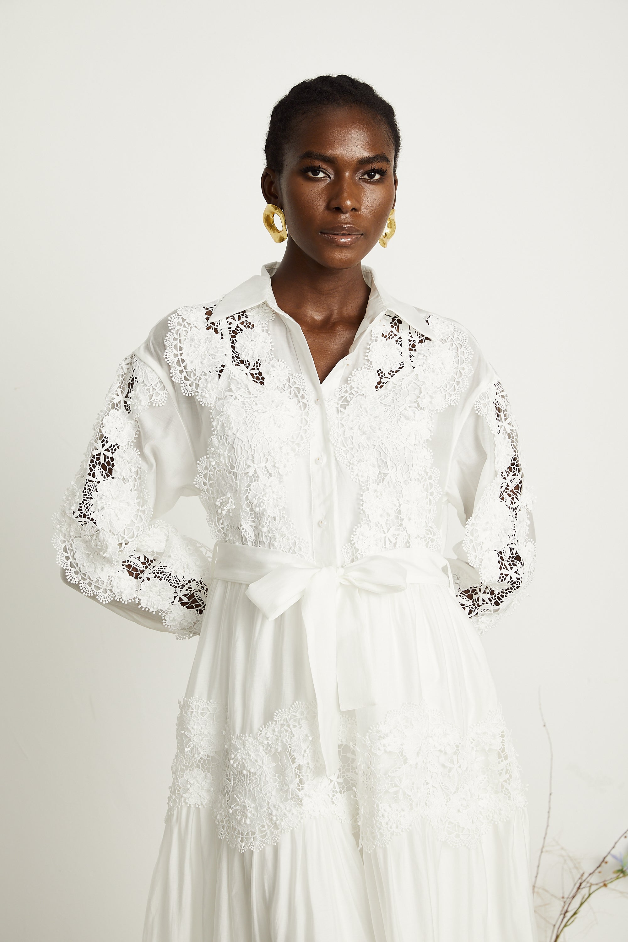 Éléonore white lace-panel belted midi dress