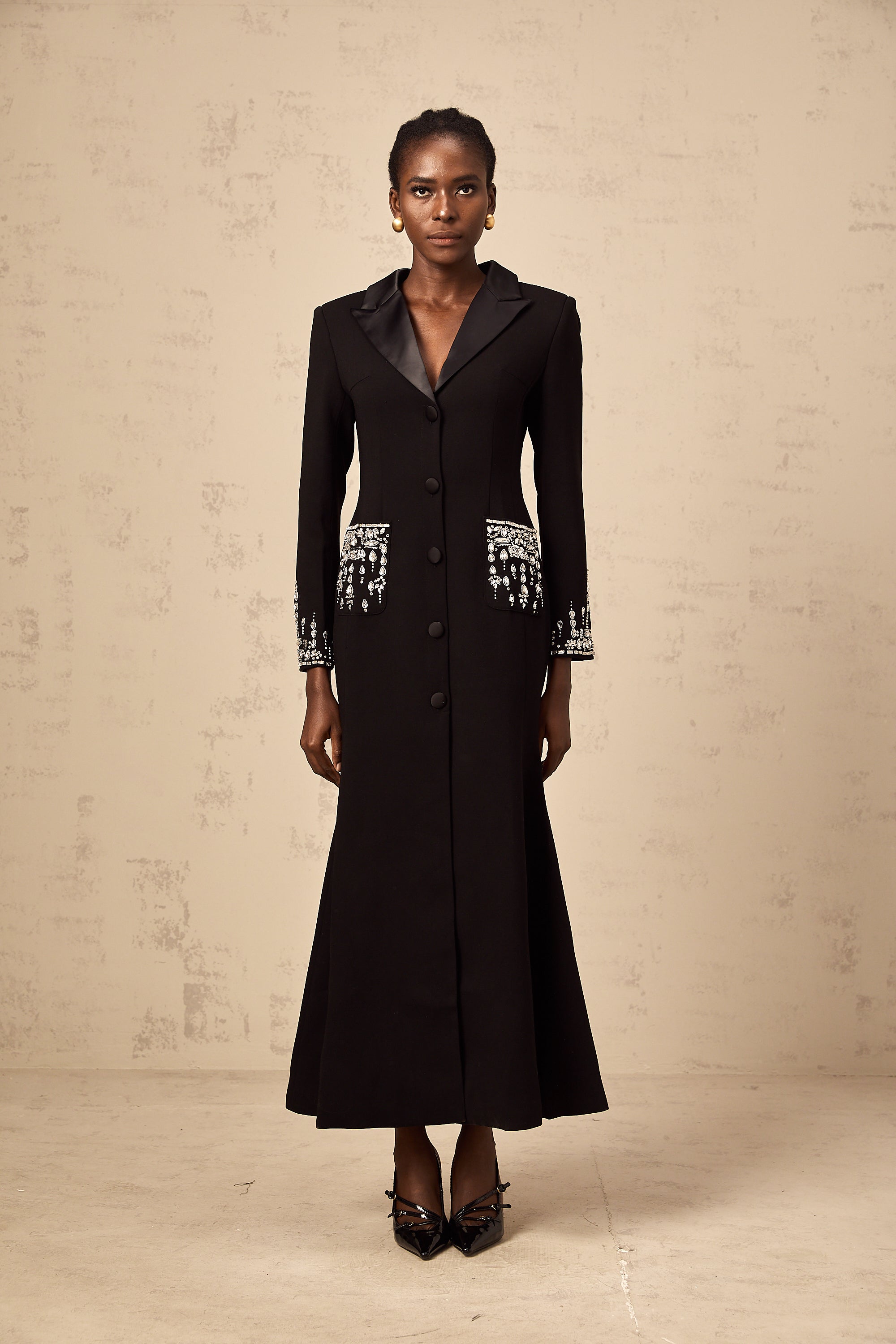 Diane black embellished maxi blazer dress