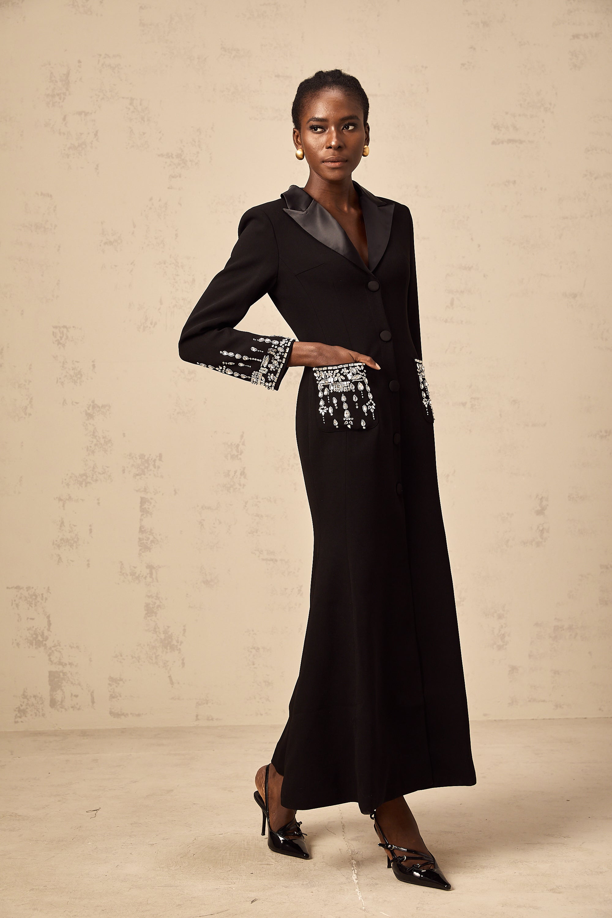 Diane black embellished maxi blazer dress