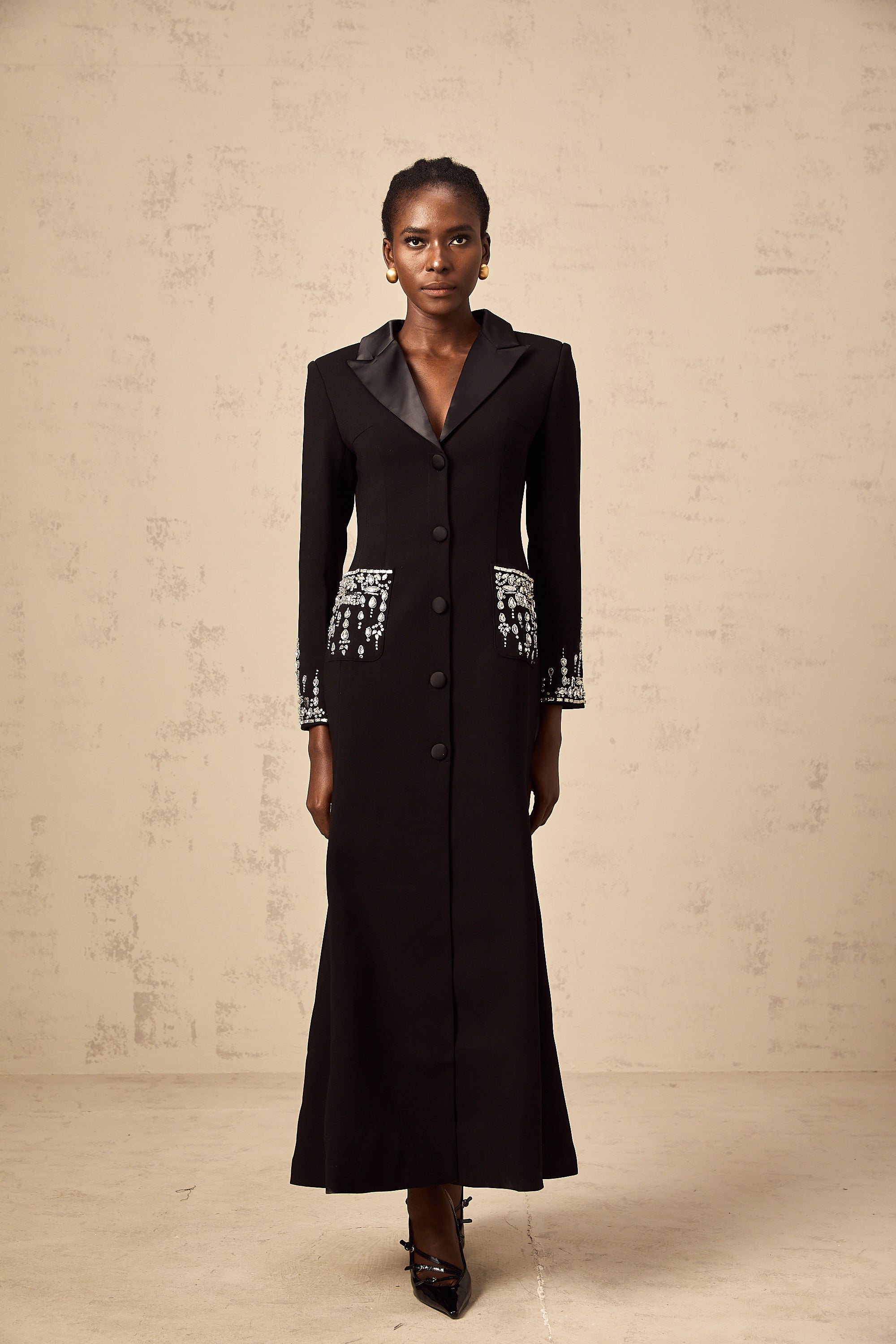 Diane black embellished maxi blazer dress