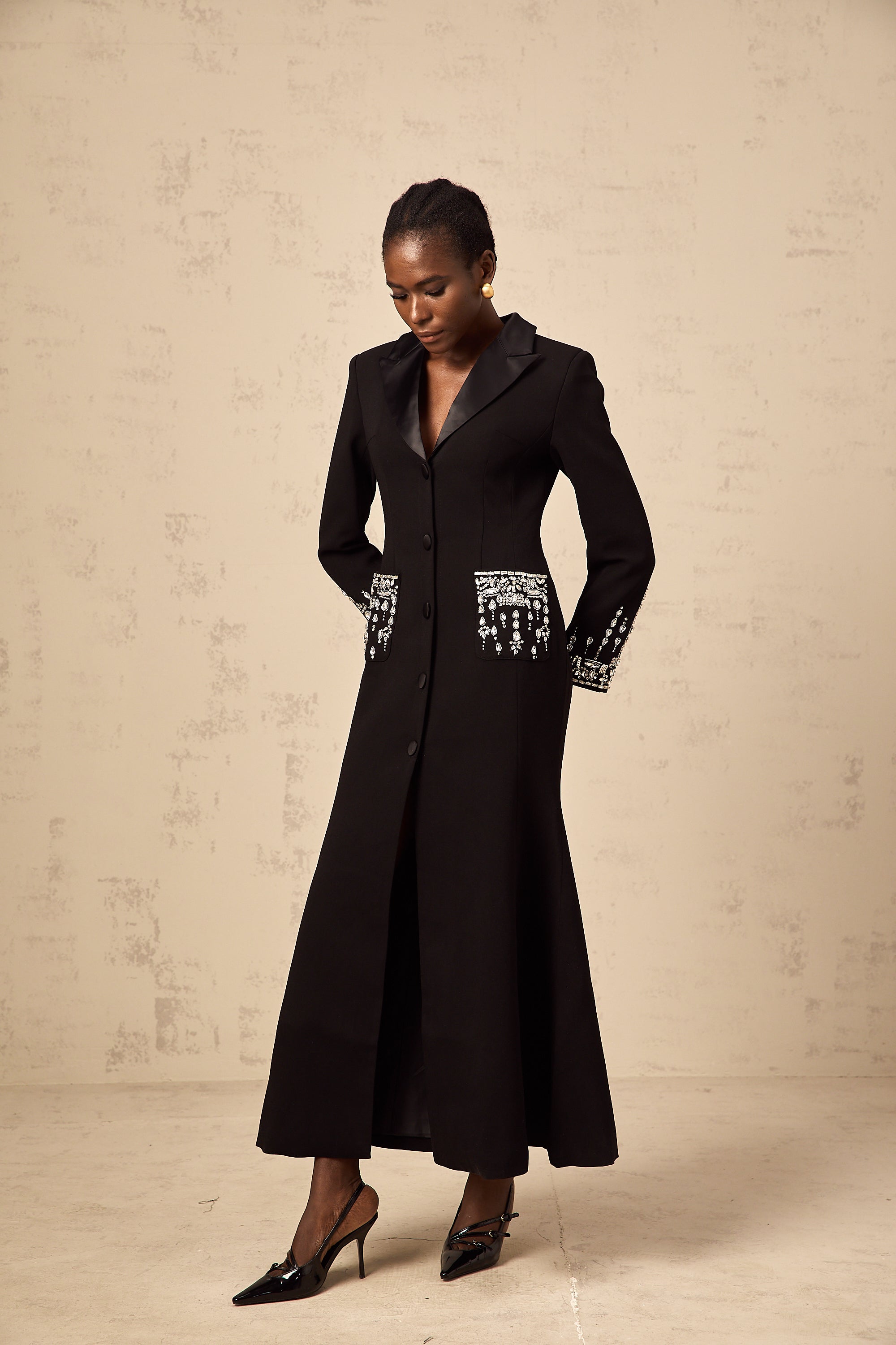 Diane black embellished maxi blazer dress