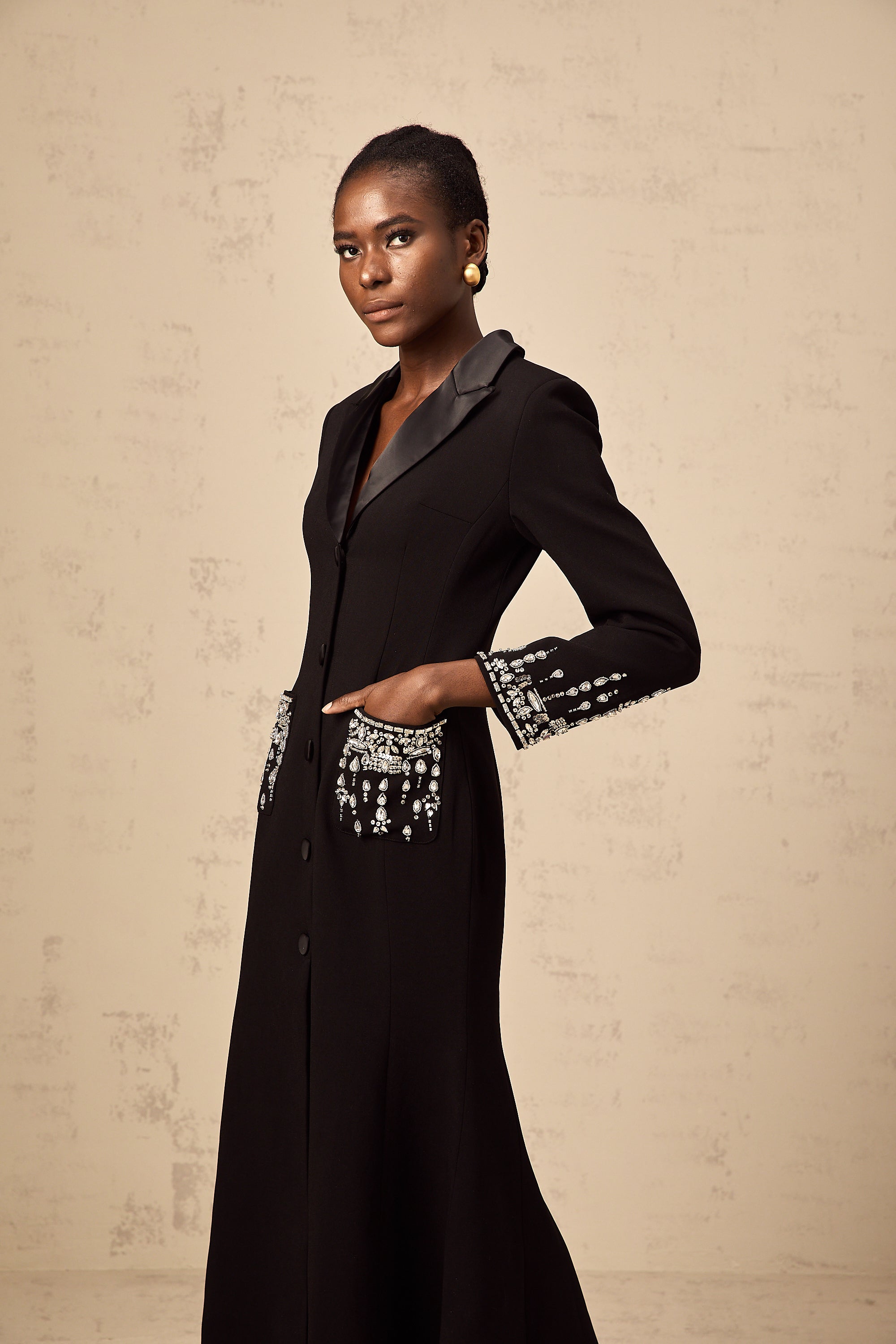 Diane black embellished maxi blazer dress