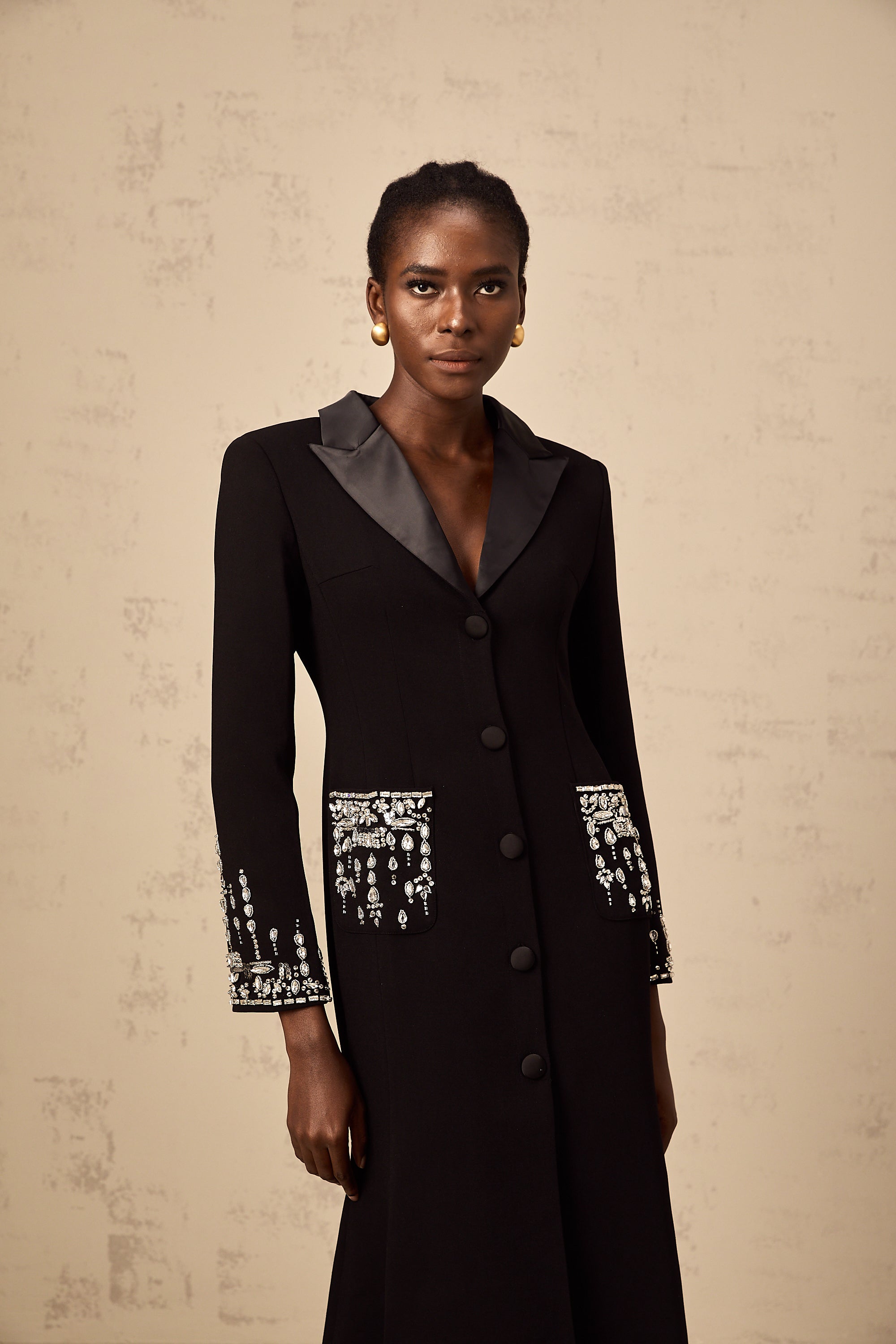 Diane black embellished maxi blazer dress