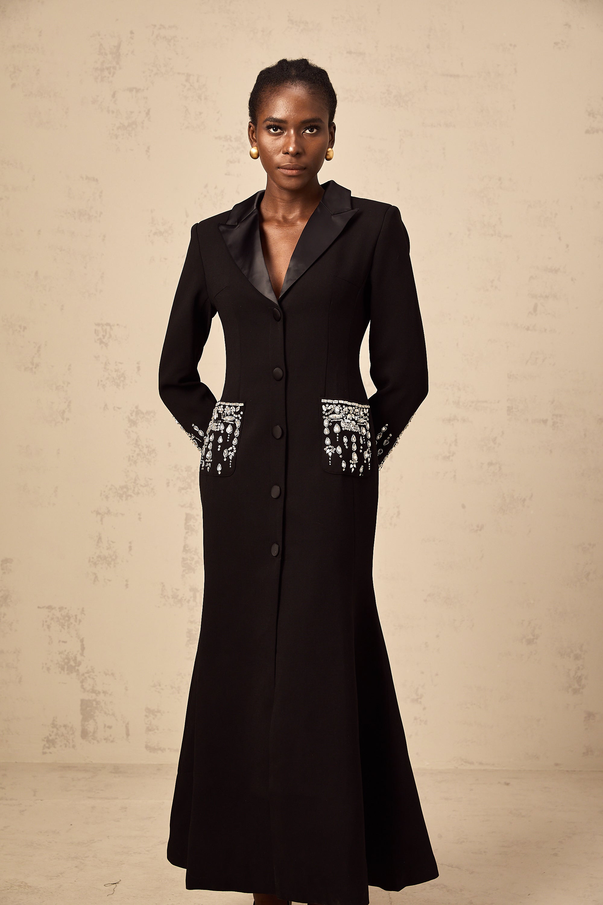 Diane black embellished maxi blazer dress