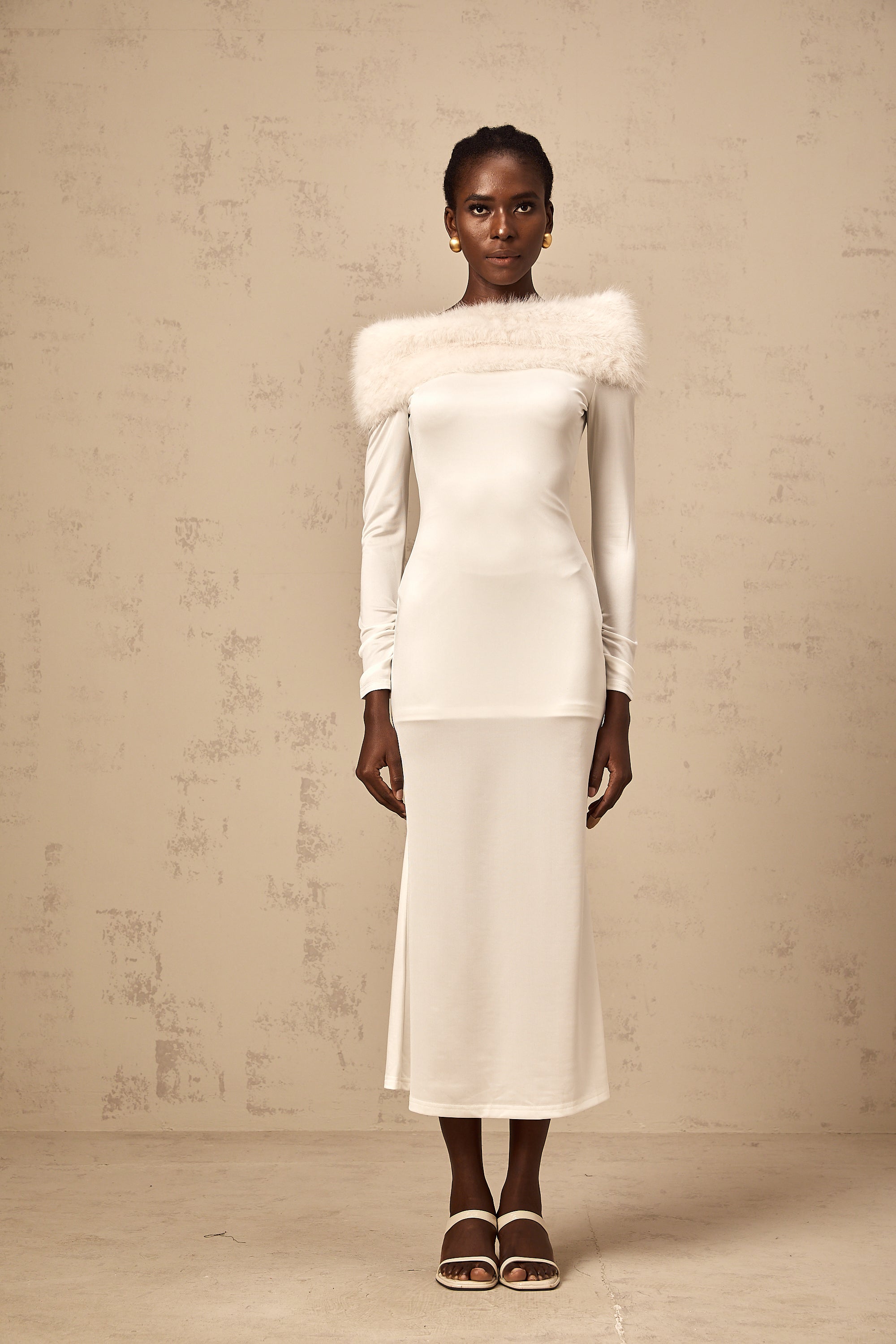 Cécile white faux-fur off-shoulder midi dress