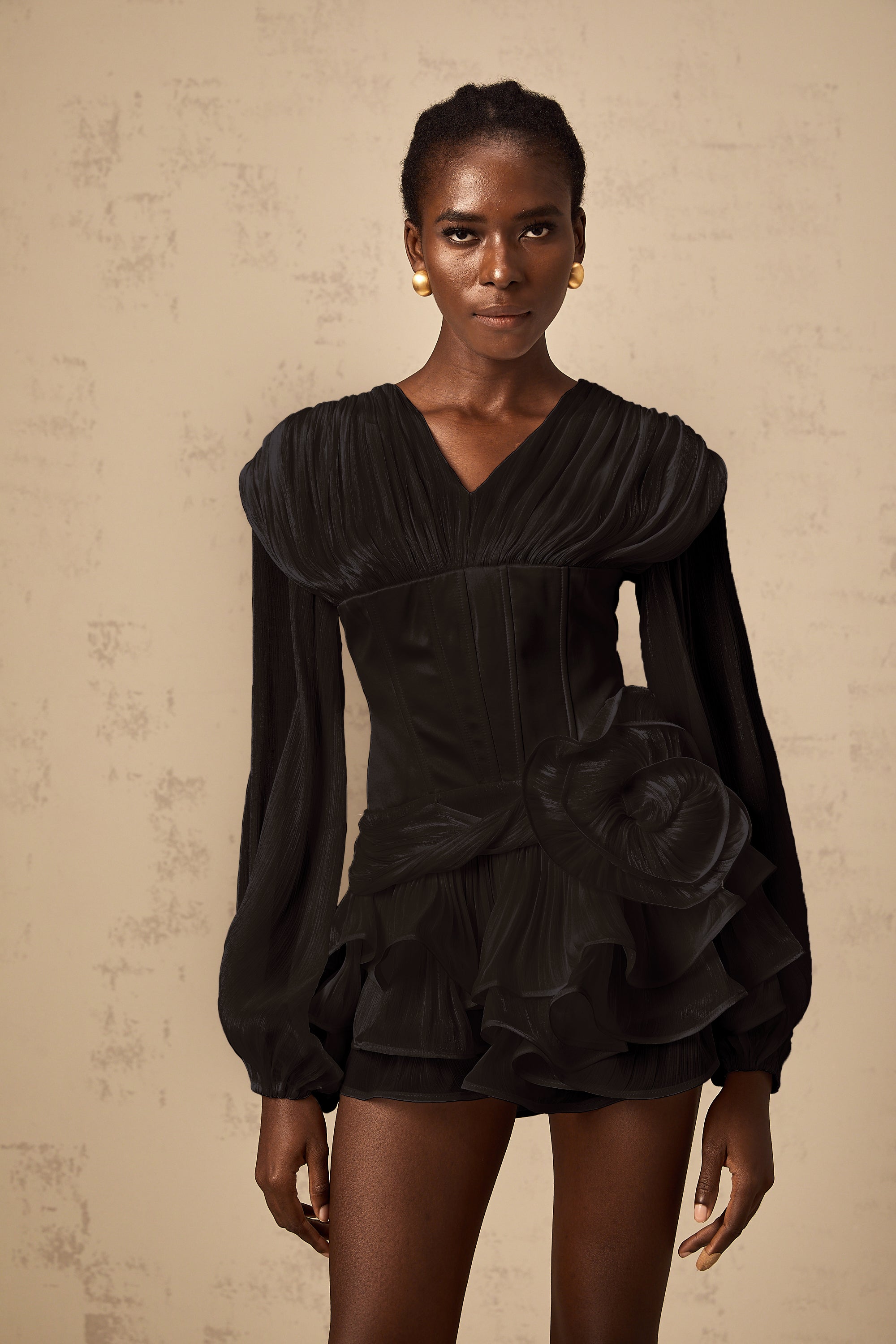 Rosier Black Fully Pleated Cinched Mini Dress