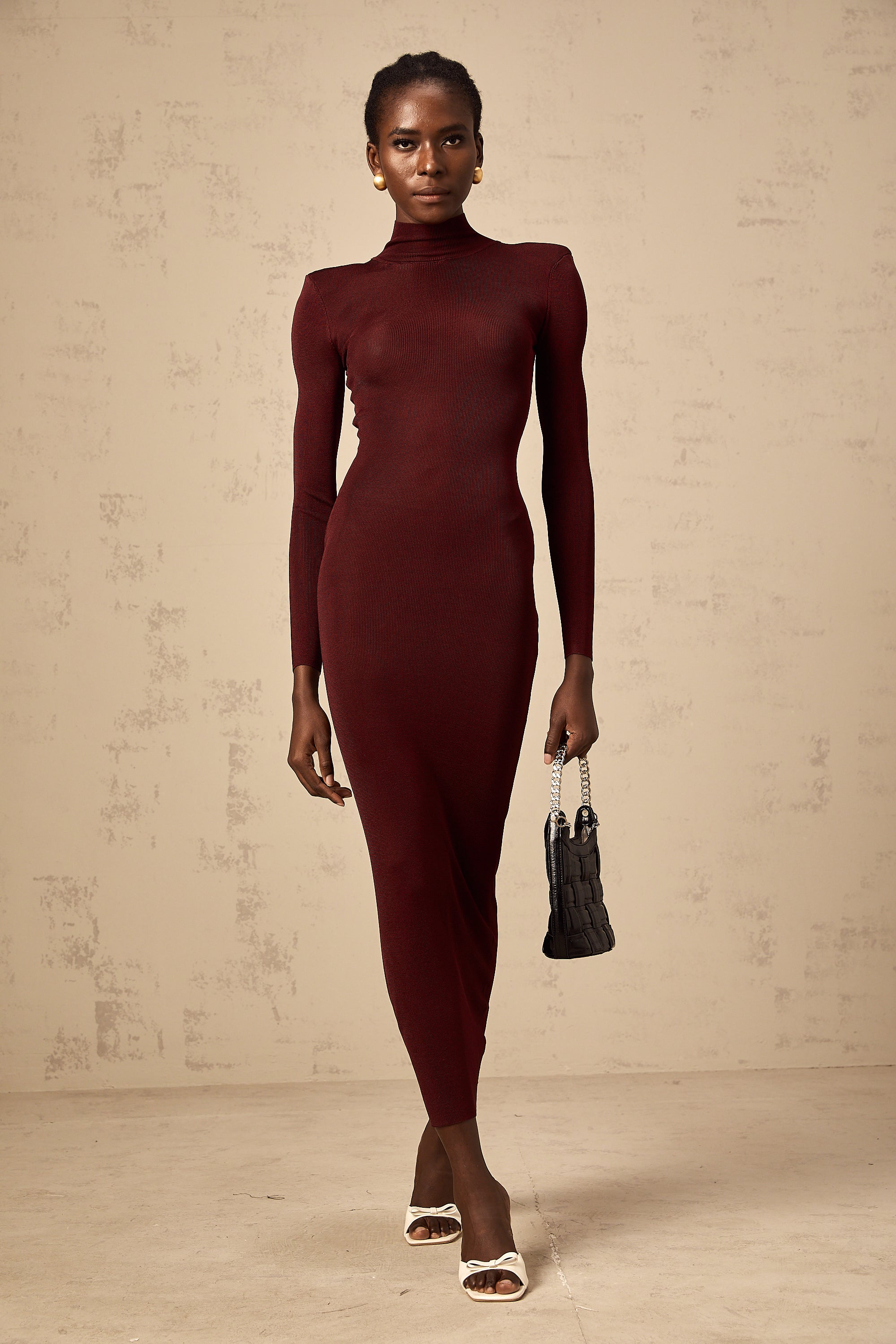 Eléa red semi-sheer knitted midi dress