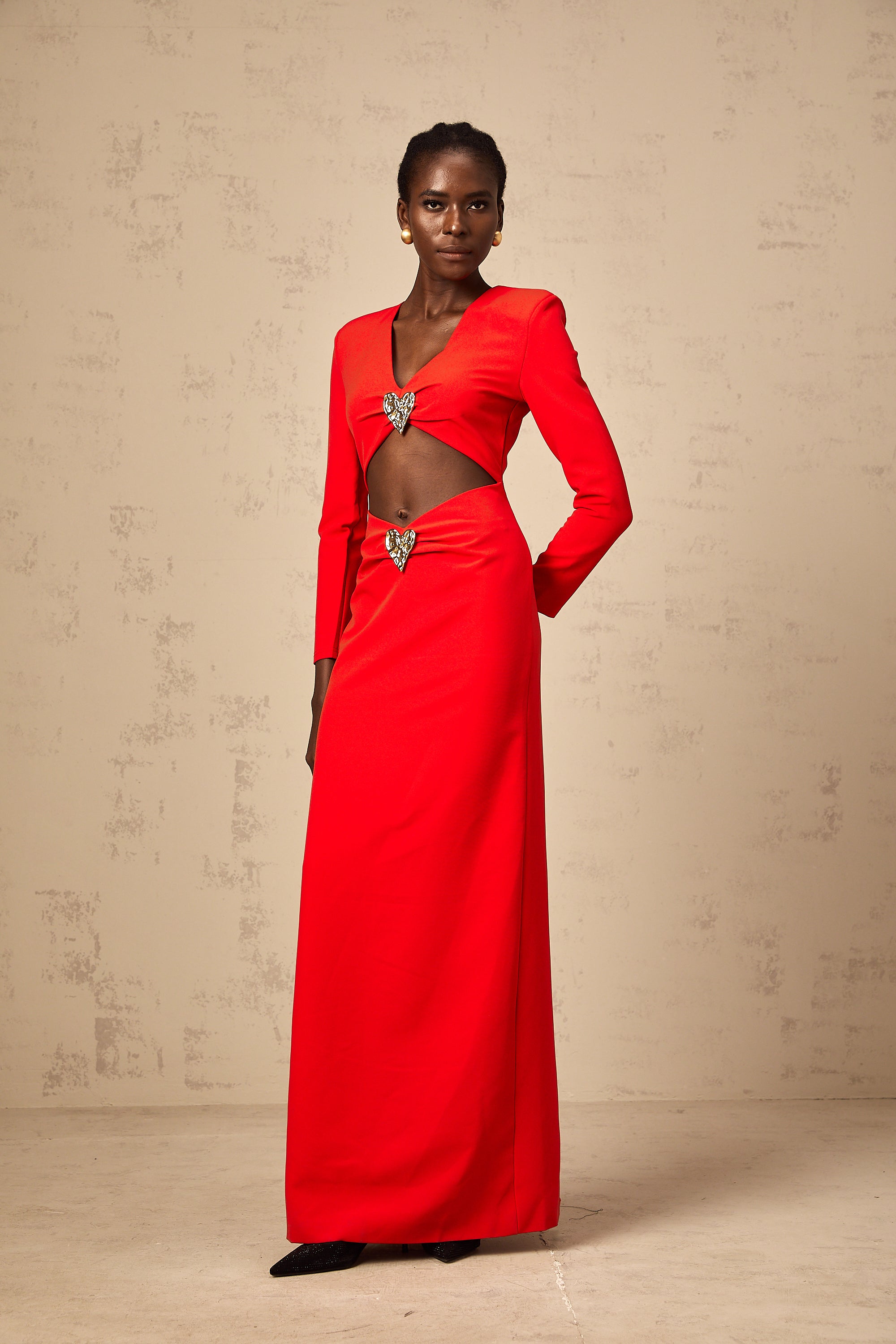 Natalie red cut-out heart-motif maxi dress