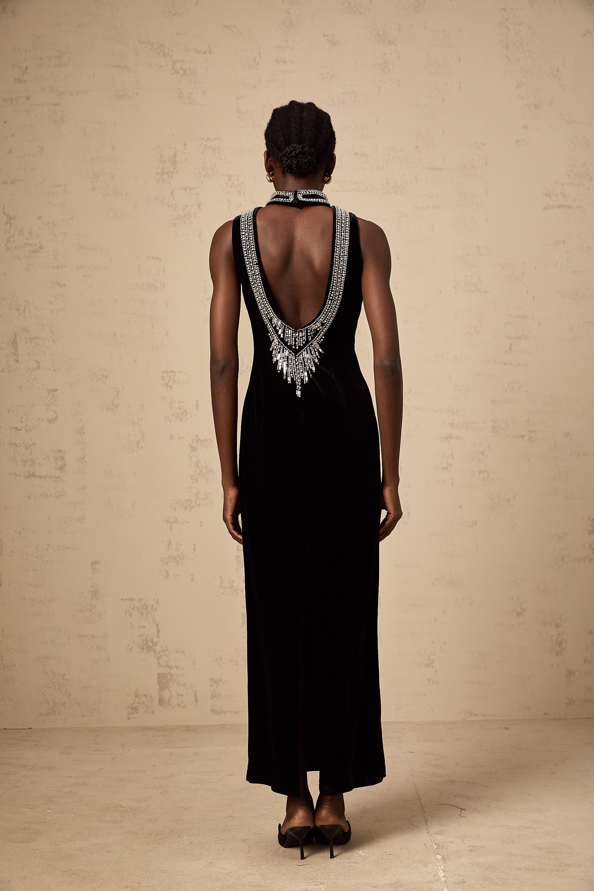 Colette black crystal-embellished velvet gown