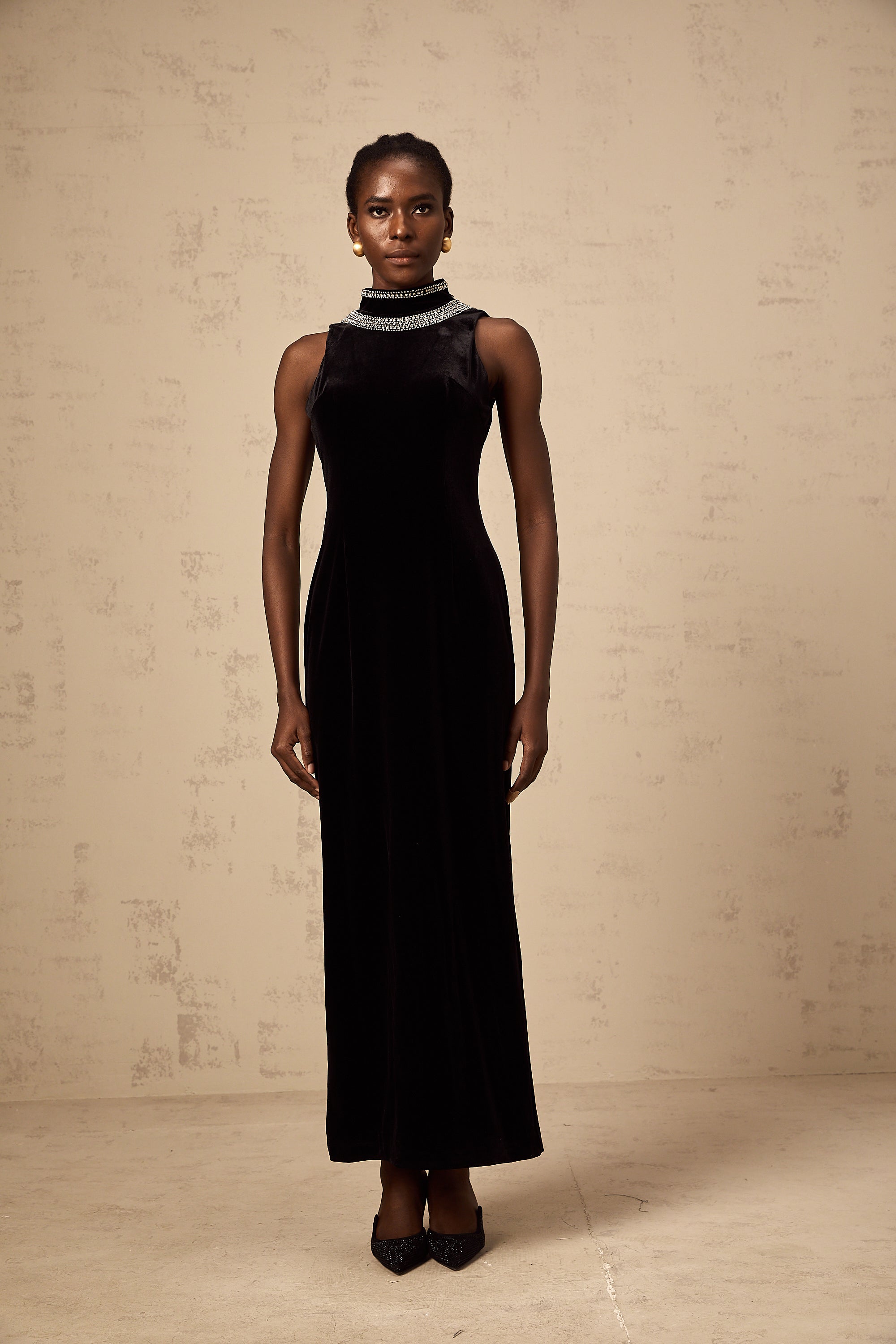 Colette black crystal-embellished velvet gown