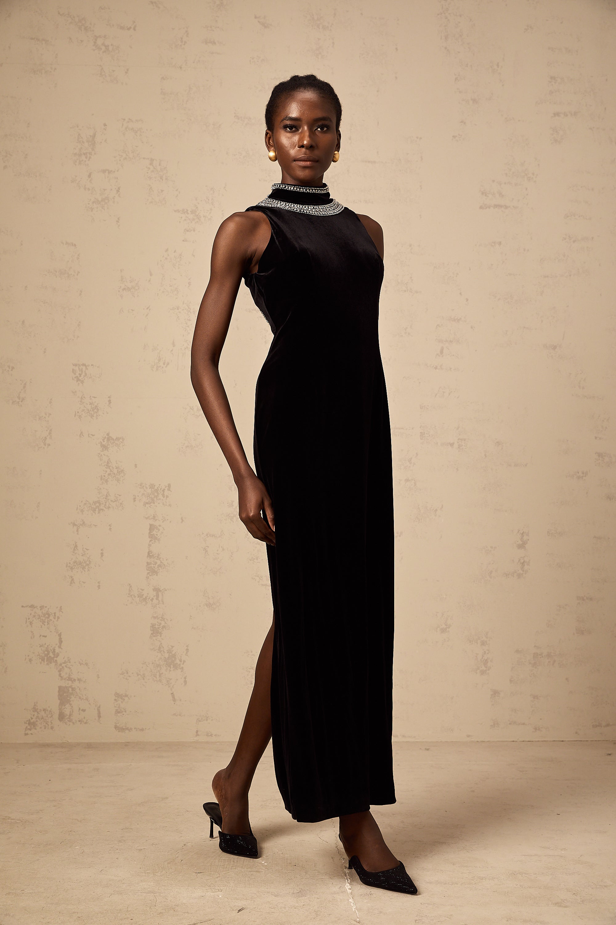 Colette black crystal-embellished velvet gown