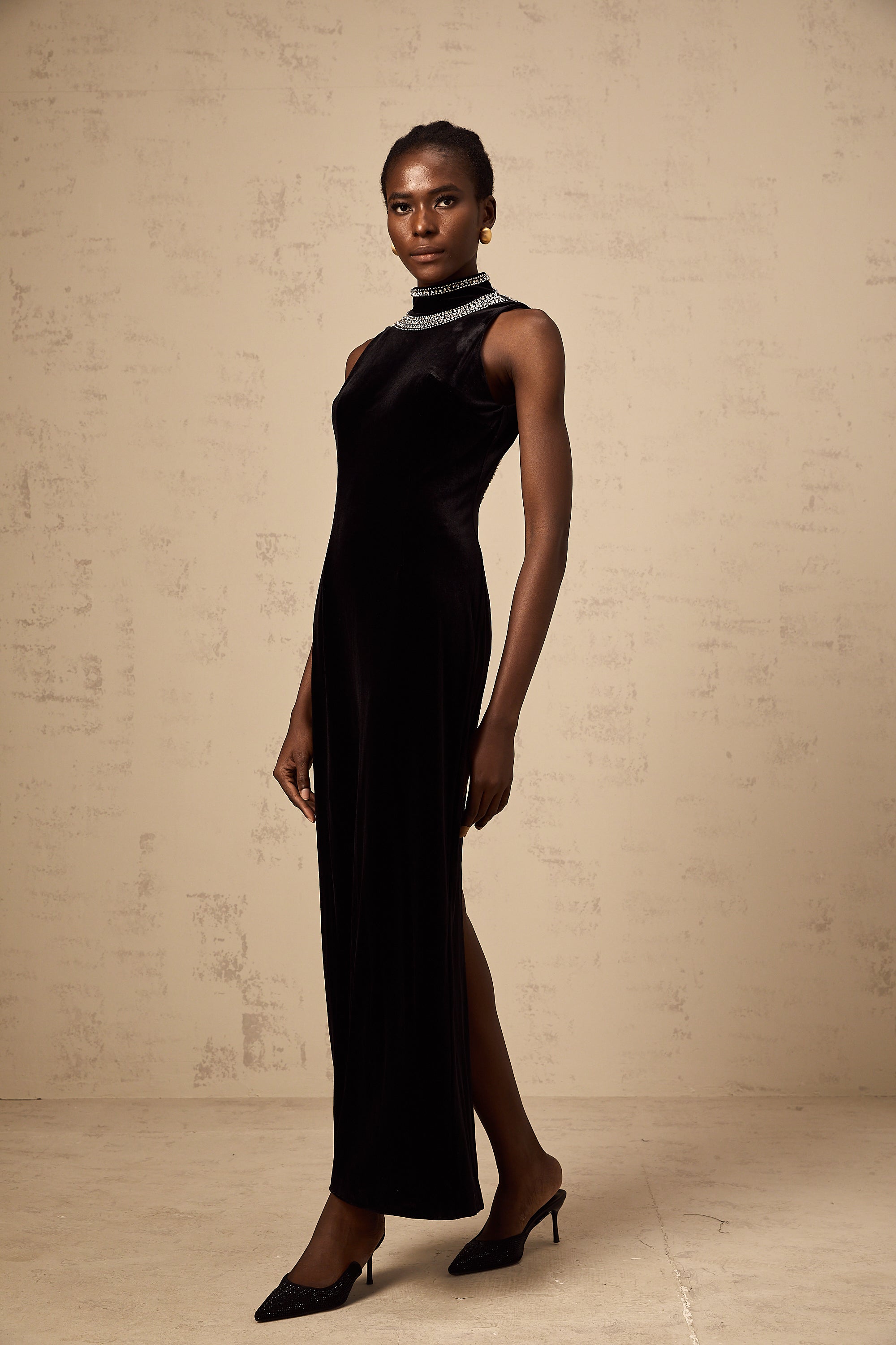 Colette black crystal-embellished velvet gown