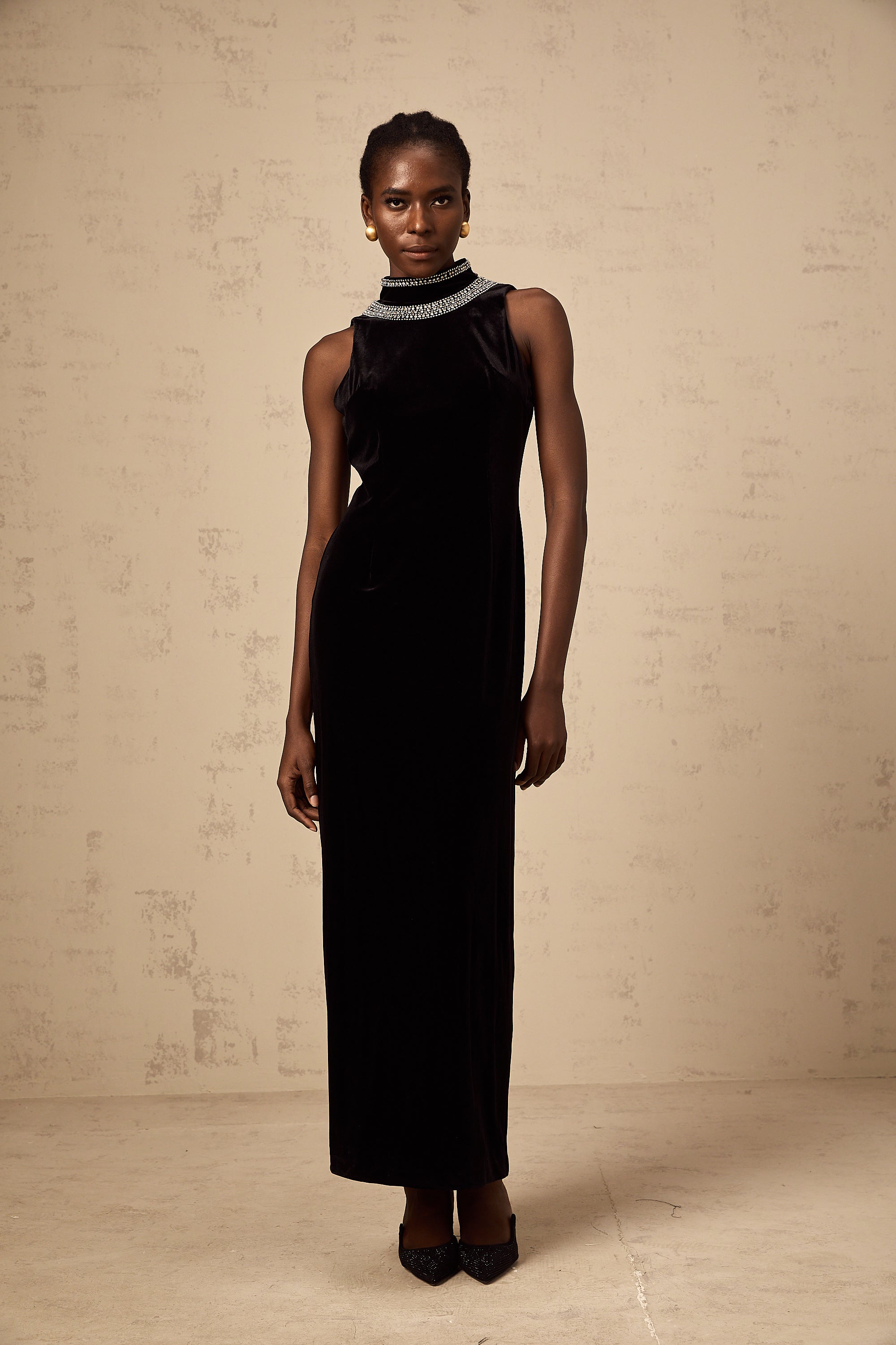 Colette black crystal-embellished velvet gown