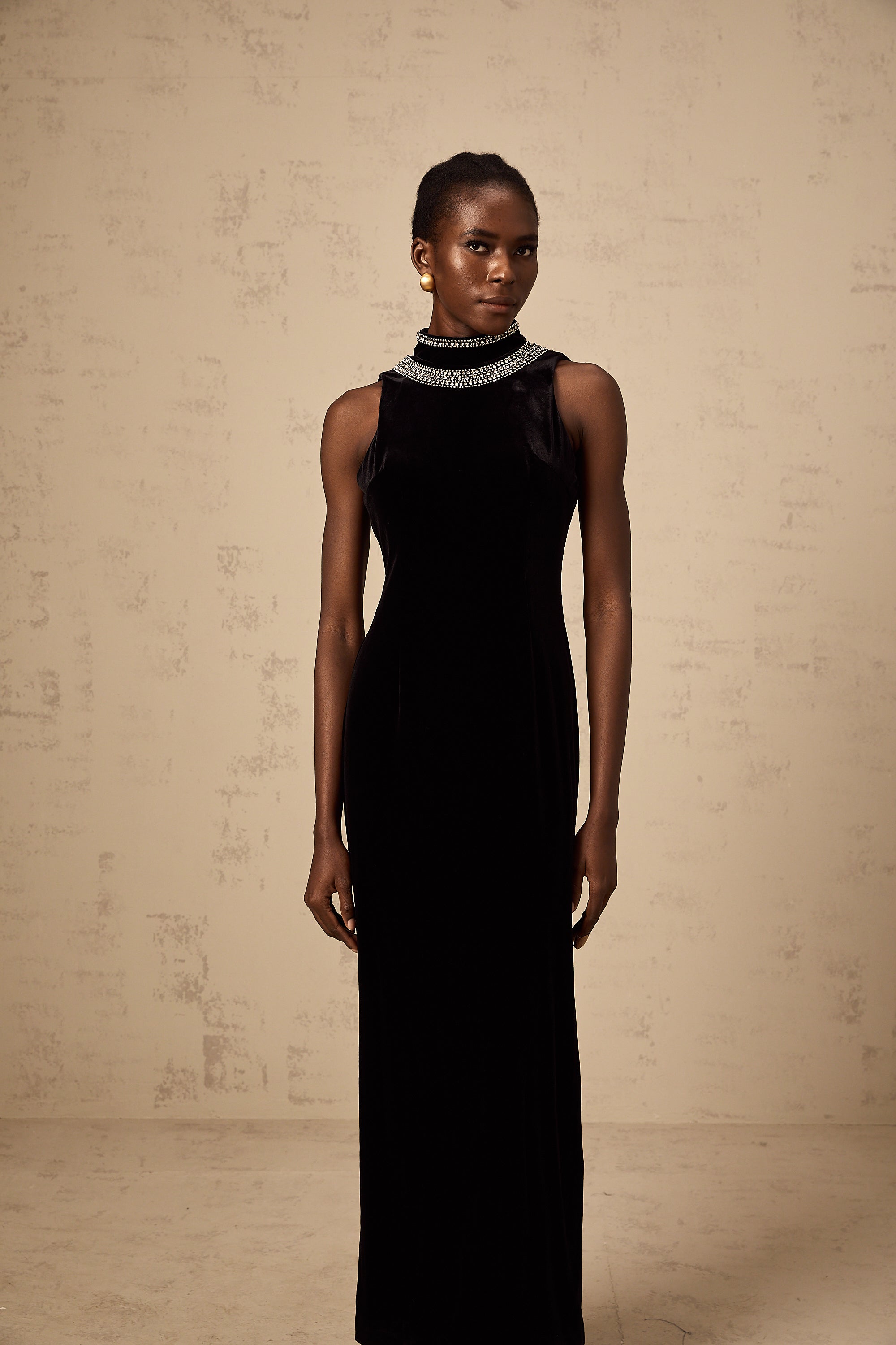 Colette black crystal-embellished velvet gown