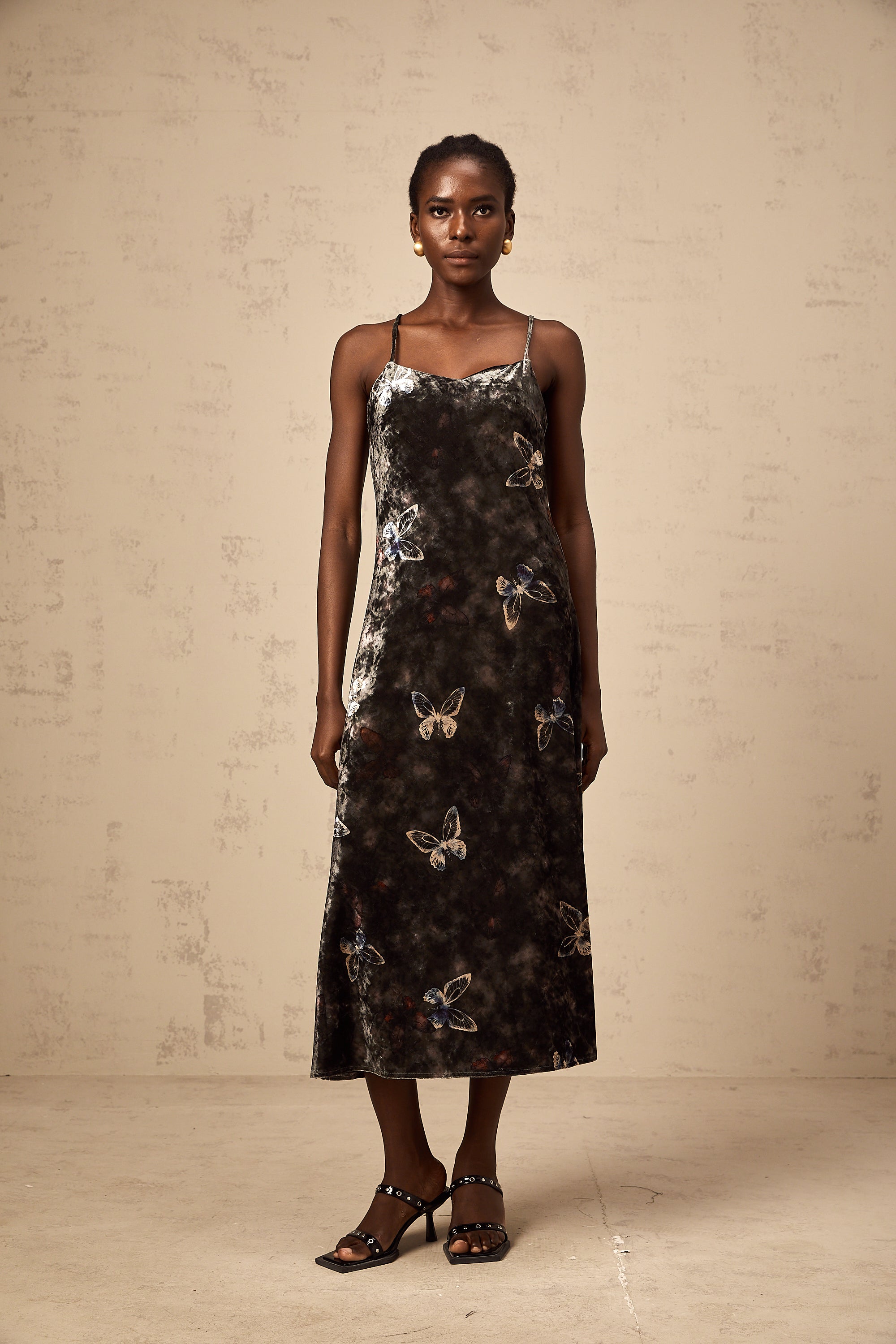 Blanche black butterfly-print velvet midi dress