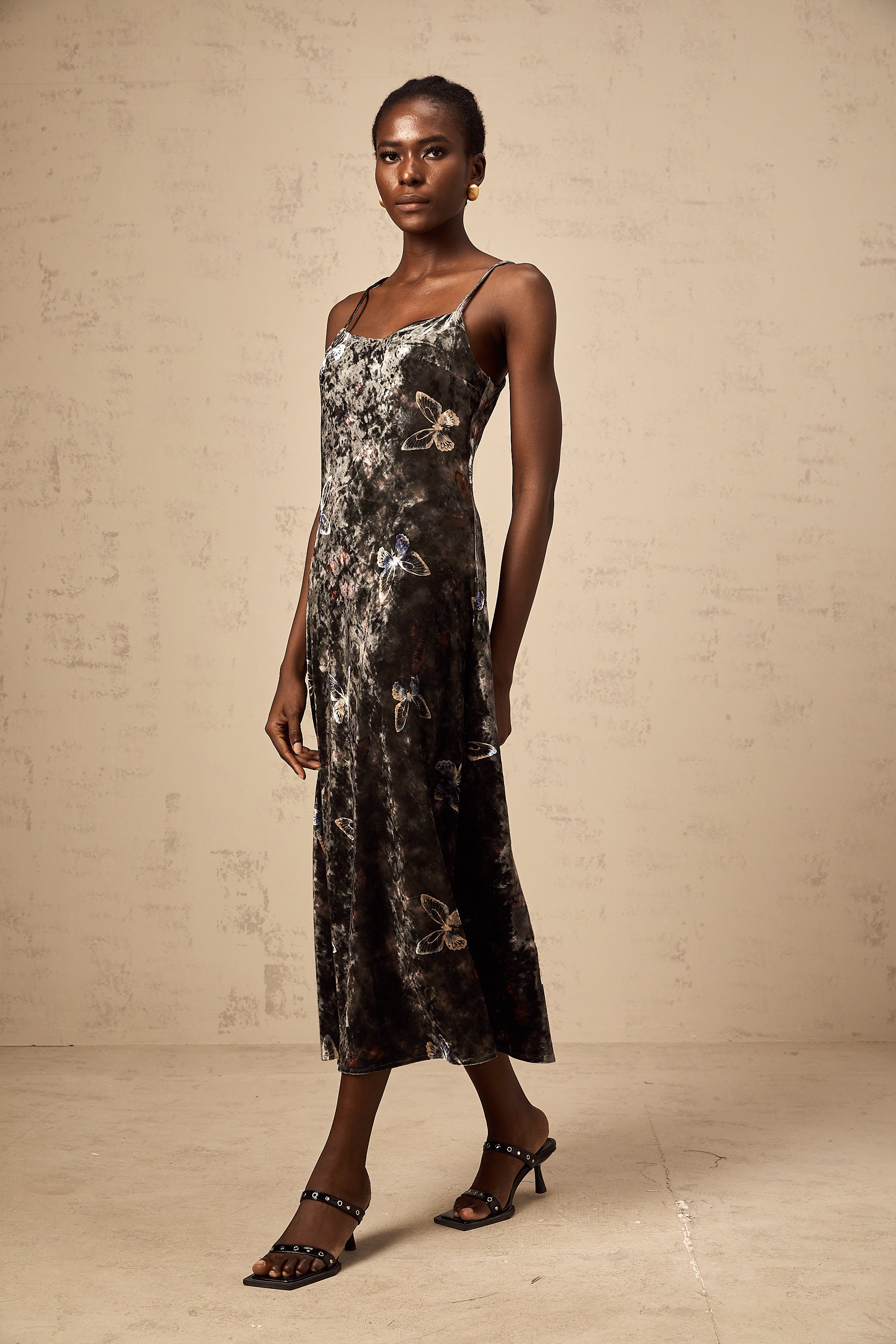 Blanche black butterfly-print velvet midi dress