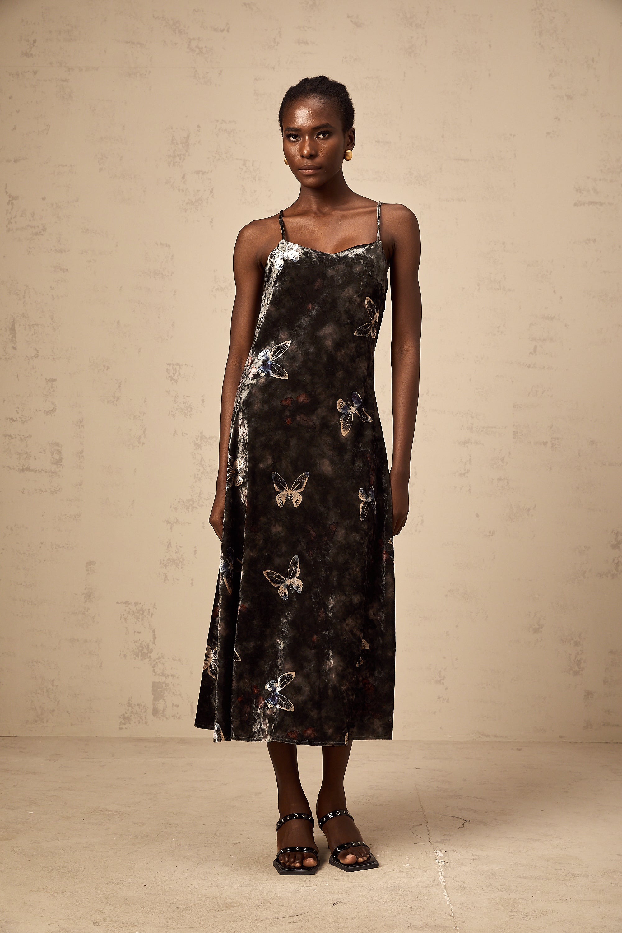 Blanche black butterfly-print velvet midi dress