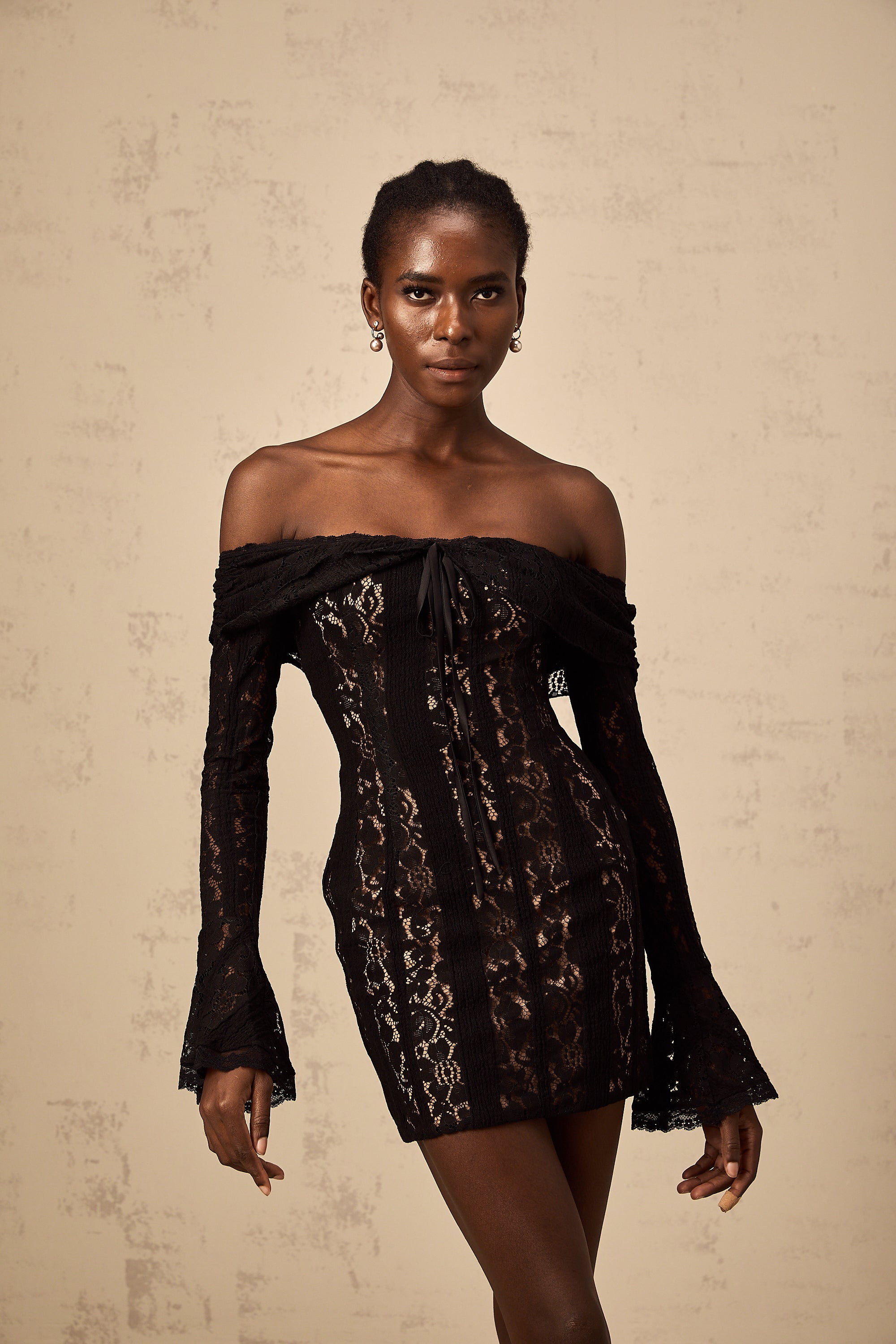 Émeline floral lace flared-cuff mini dress in Black