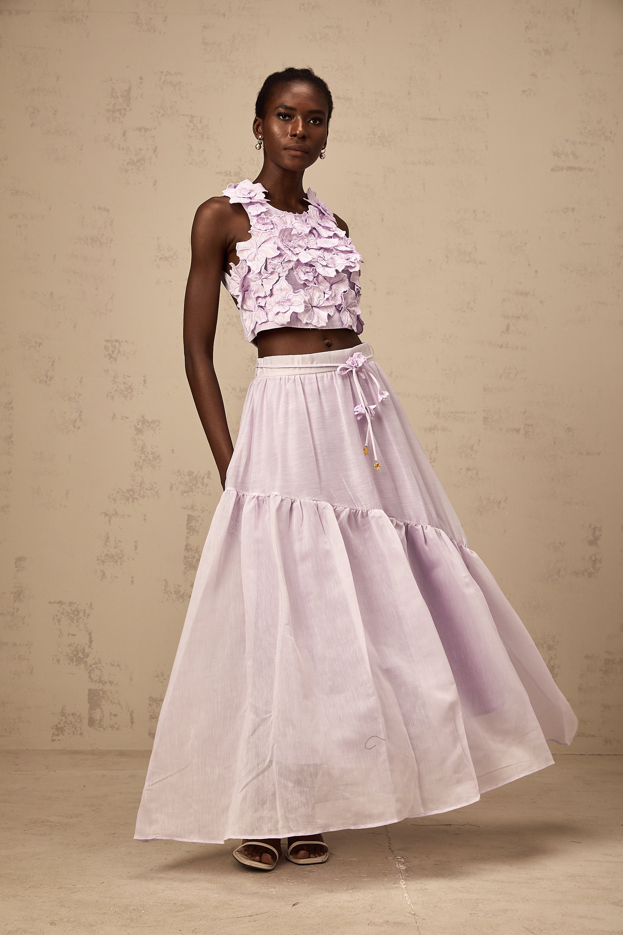 Eléa purple faux-flower top & skirt matching set