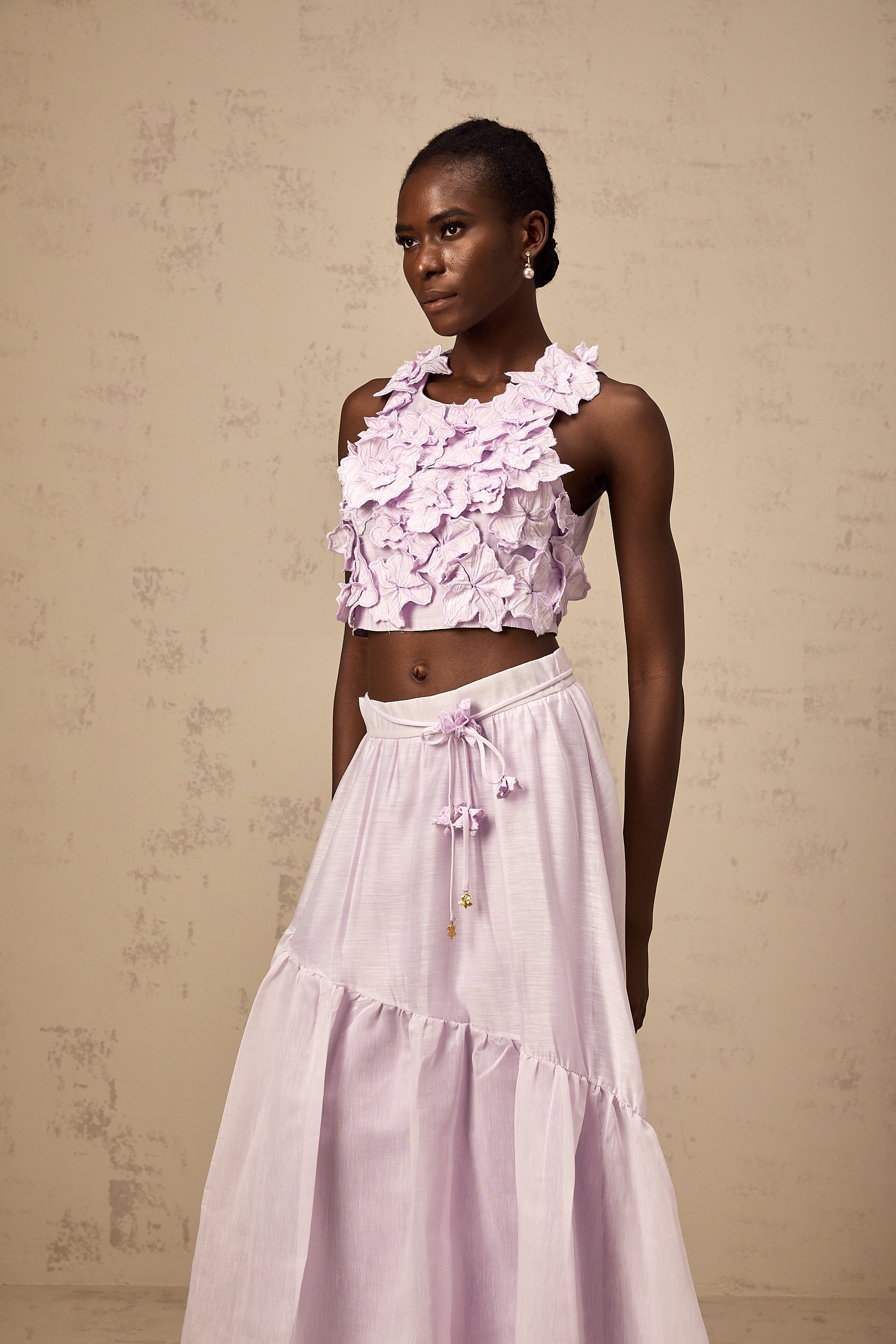 Eléa purple faux-flower top & skirt matching set