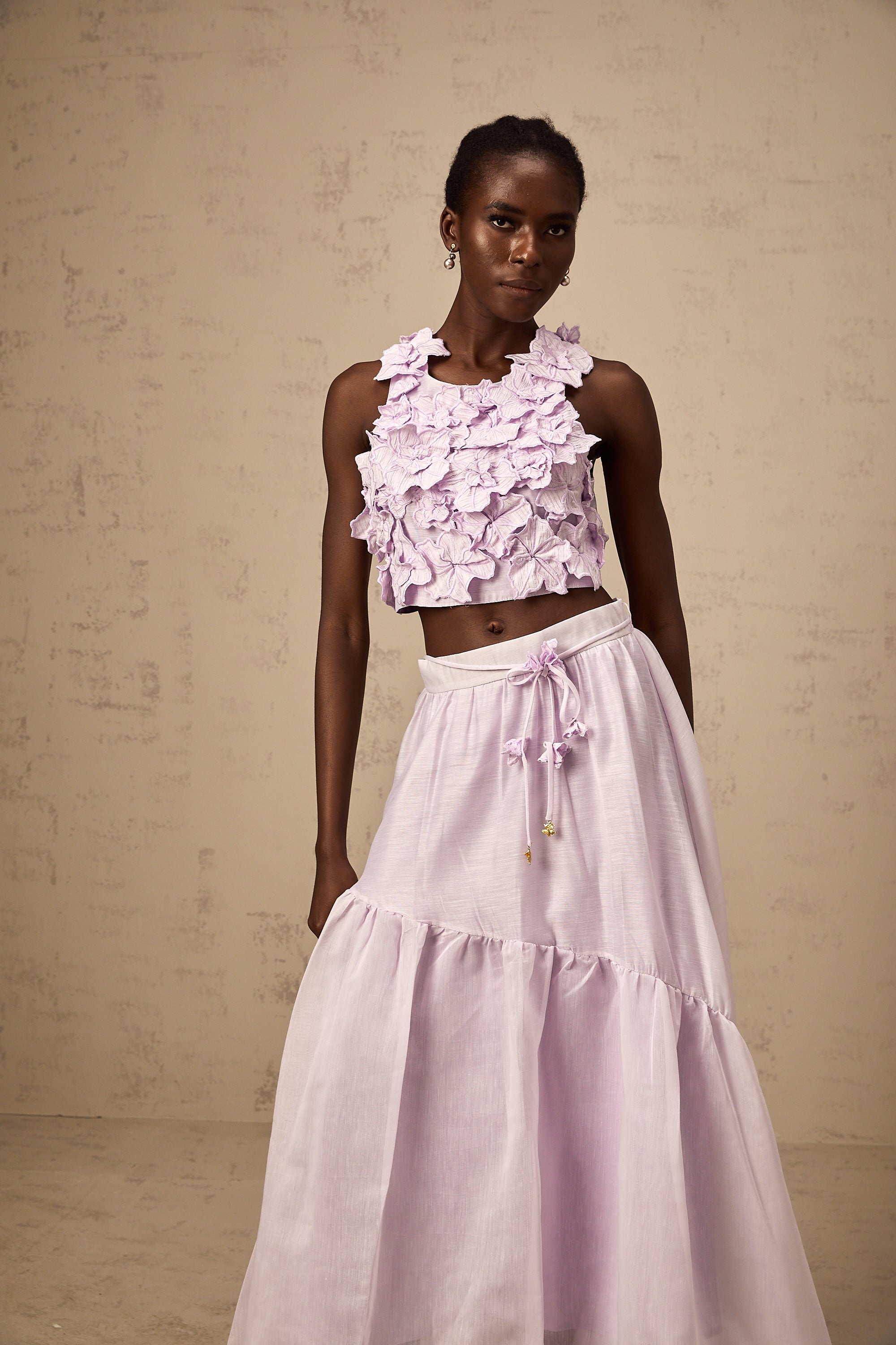 Eléa purple faux-flower top & skirt matching set