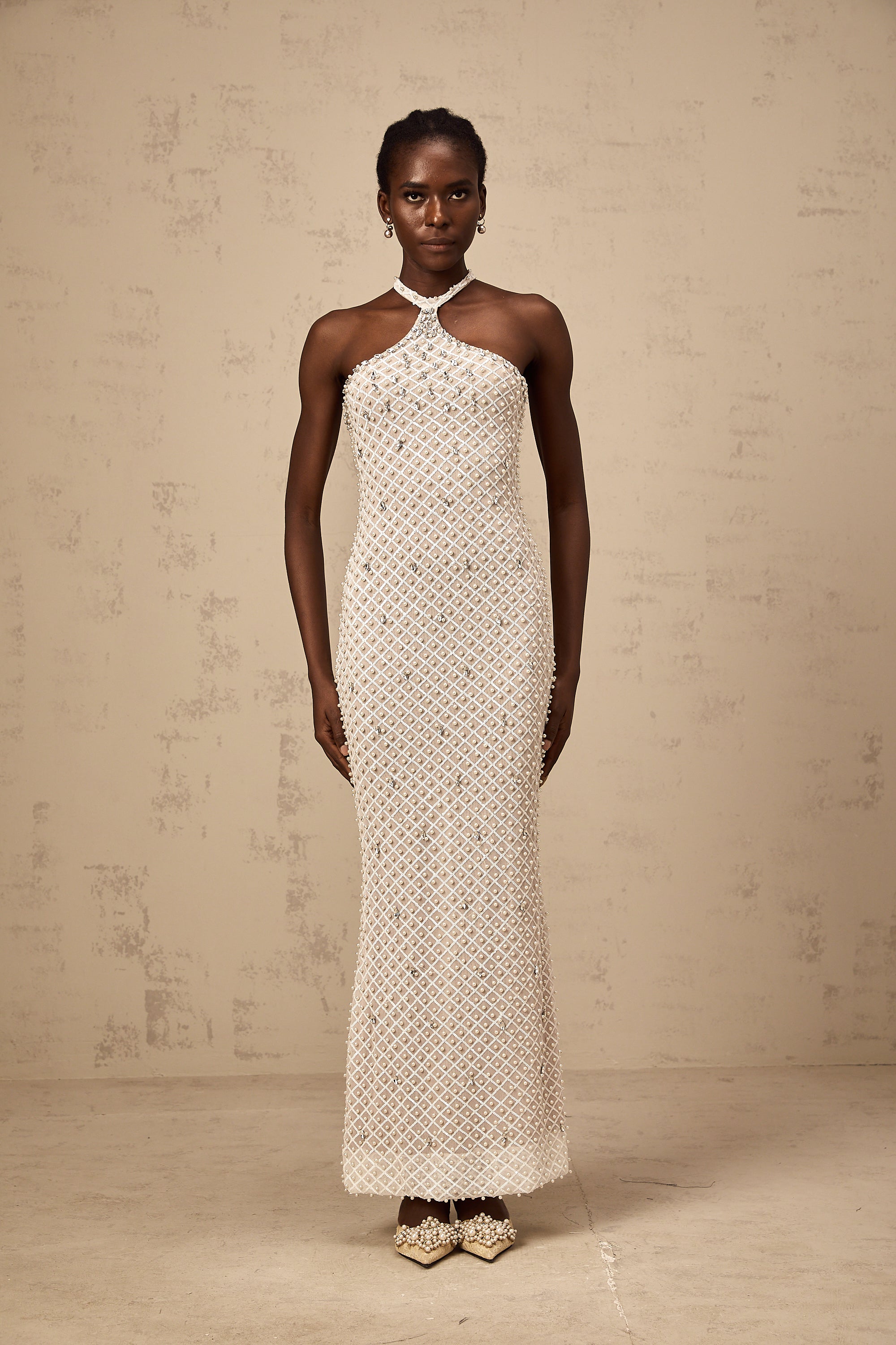 Claudine white embellished halterneck maxi dress