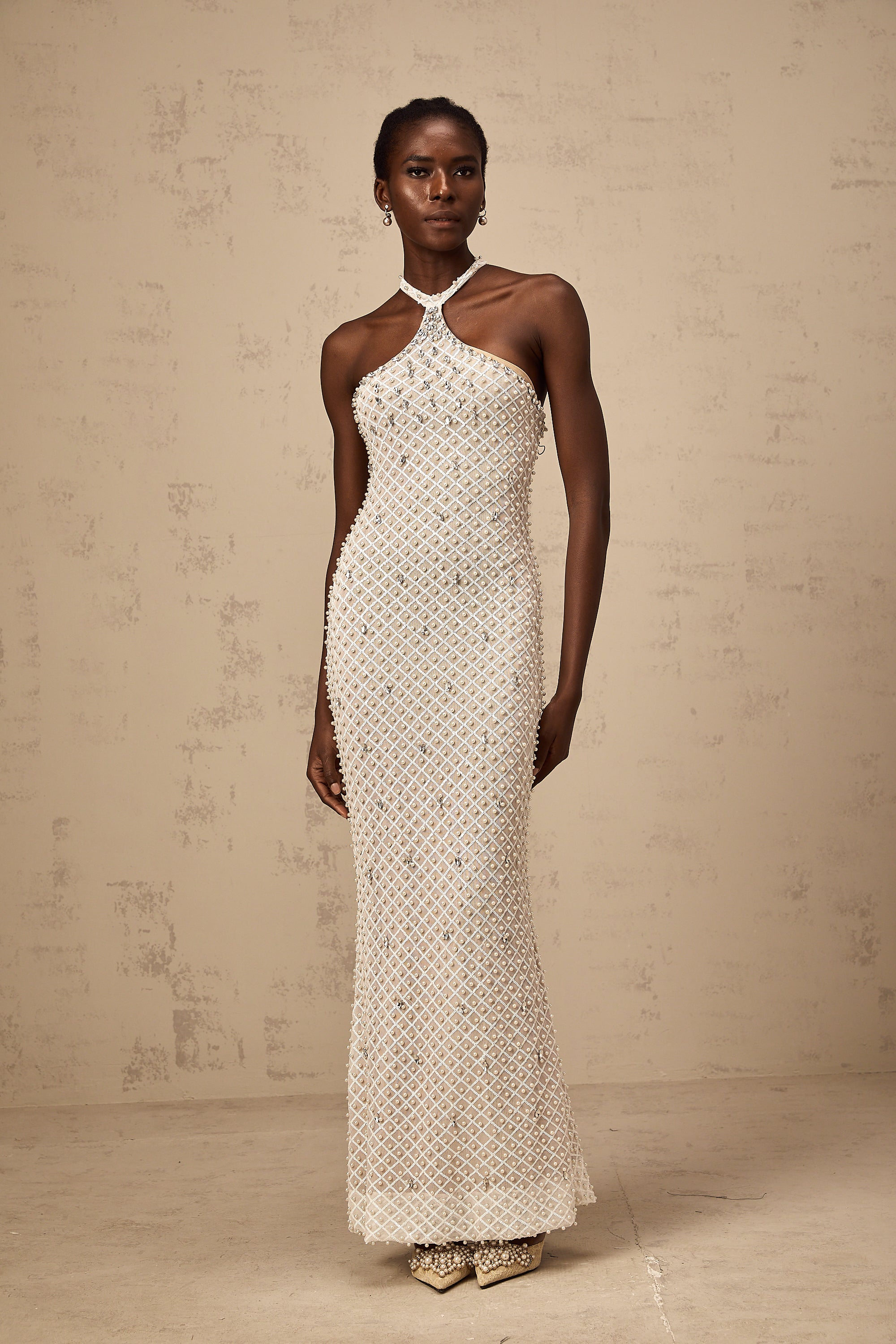 Claudine white embellished halterneck maxi dress