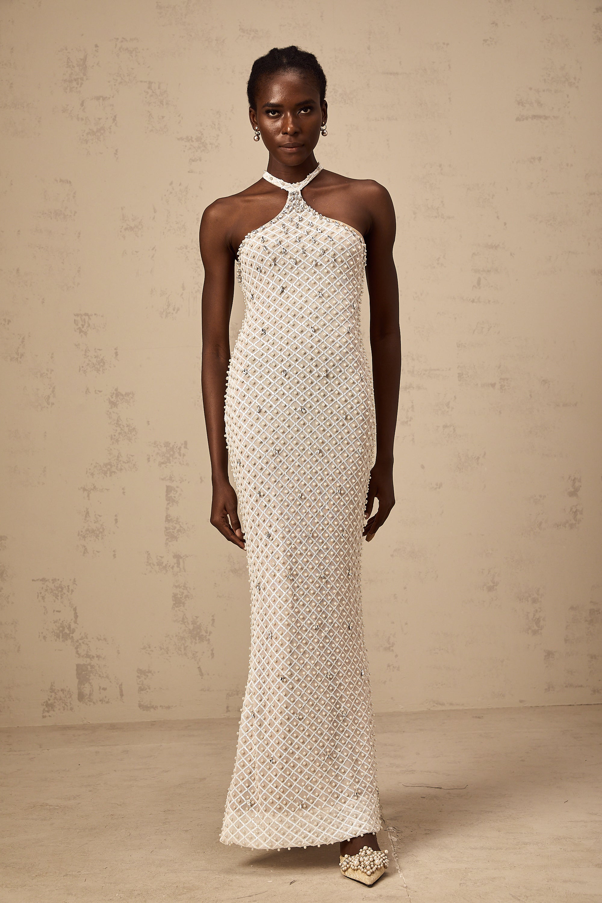 Claudine white embellished halterneck maxi dress